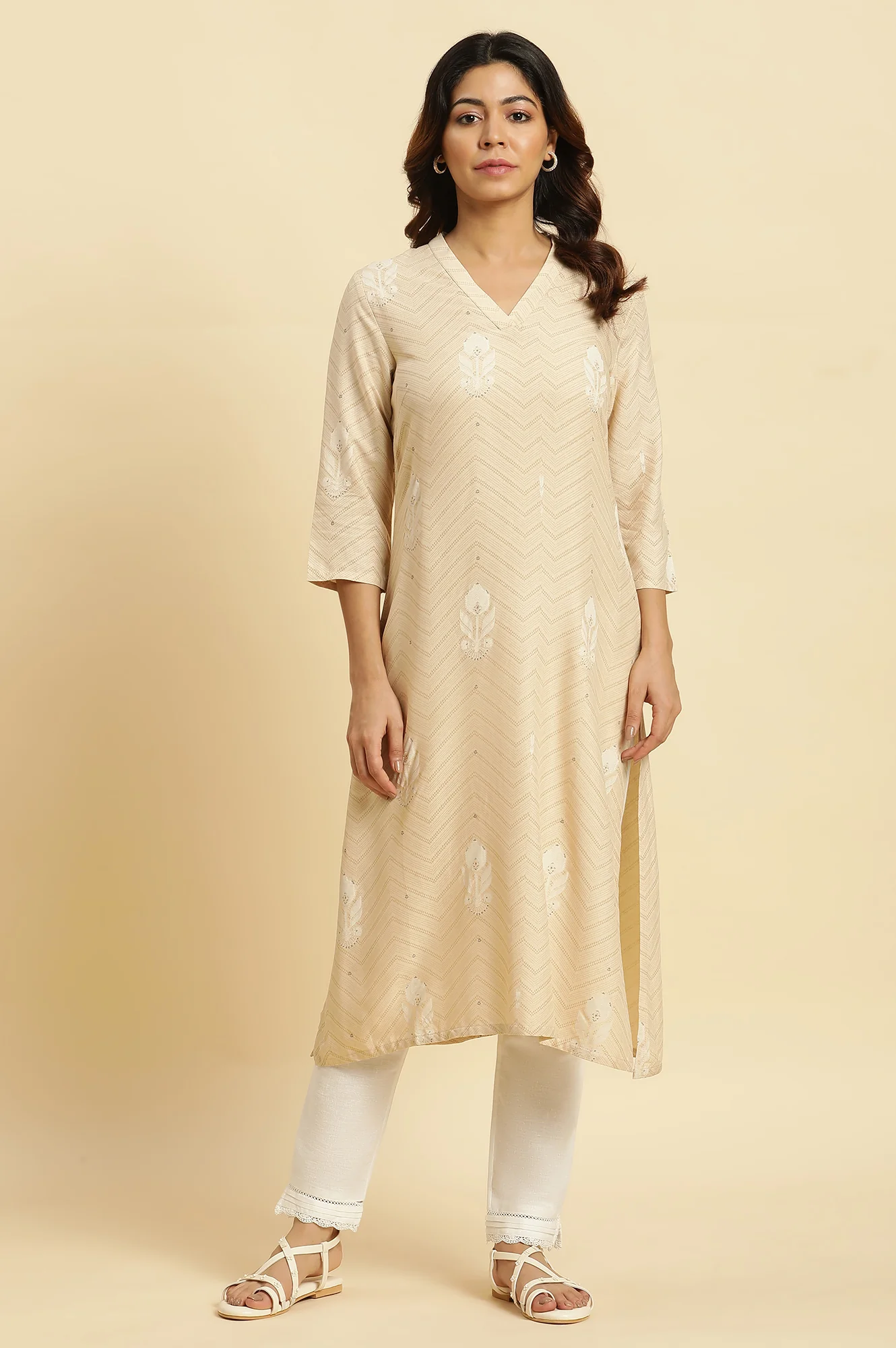 Beige Floral A-Line Rayon Kurta - Image 2