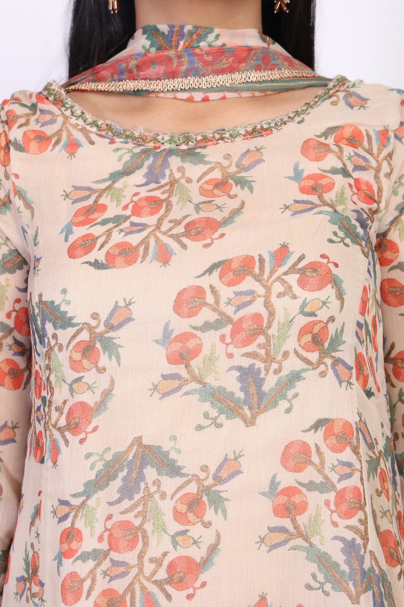 Beige Floral Embellished Peplum Chiffon Kurta with Sharara and Dupatta Set - Image 3