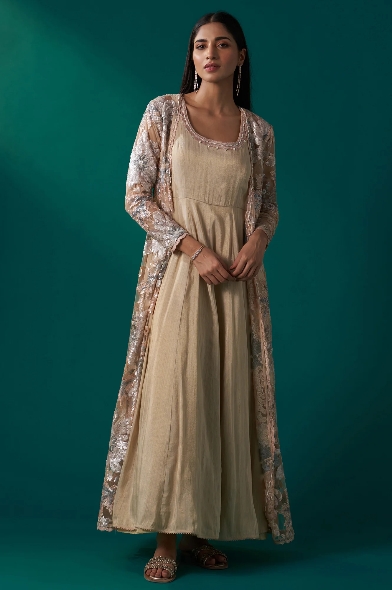 Beige Sequin Embroidered Long Jacket, Anarkali Dress and Churidar Set - Image 2