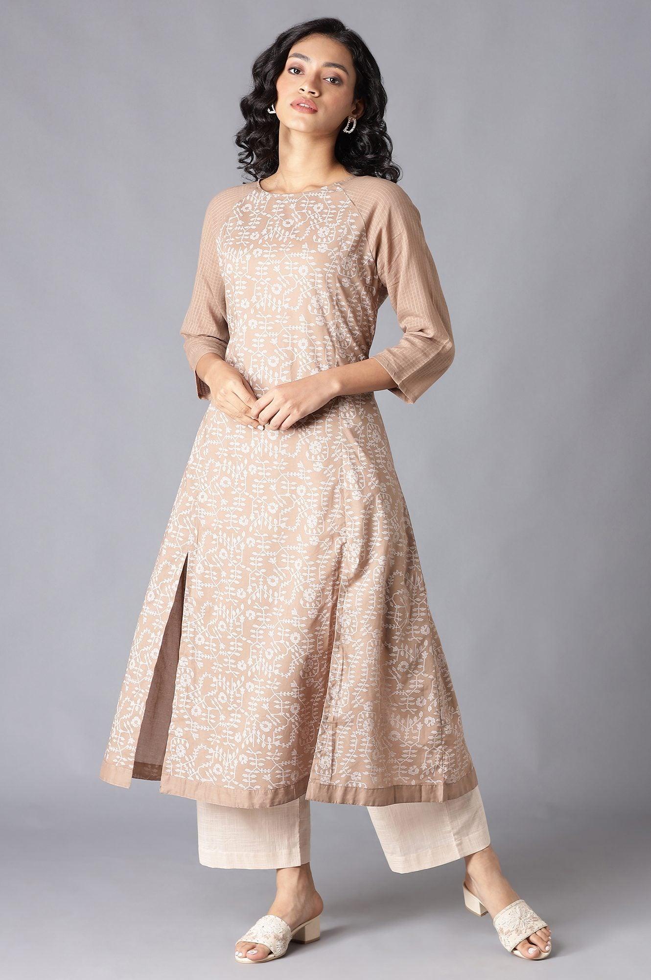 Beige Floral Print Raglan Sleeve kurta In Round Neck