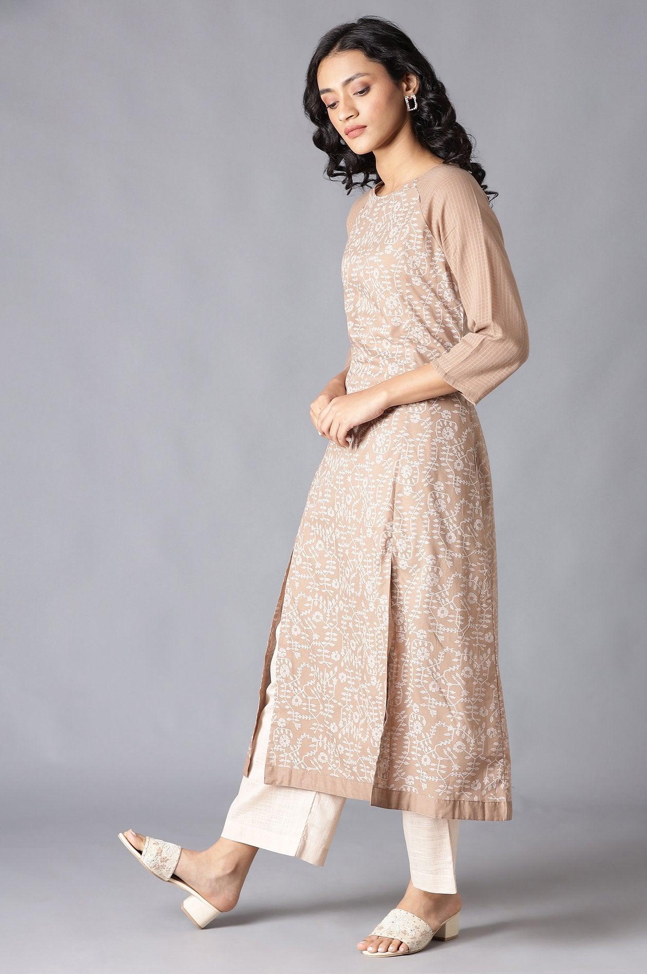 Beige Floral Print Raglan Sleeve kurta In Round Neck - Image 3