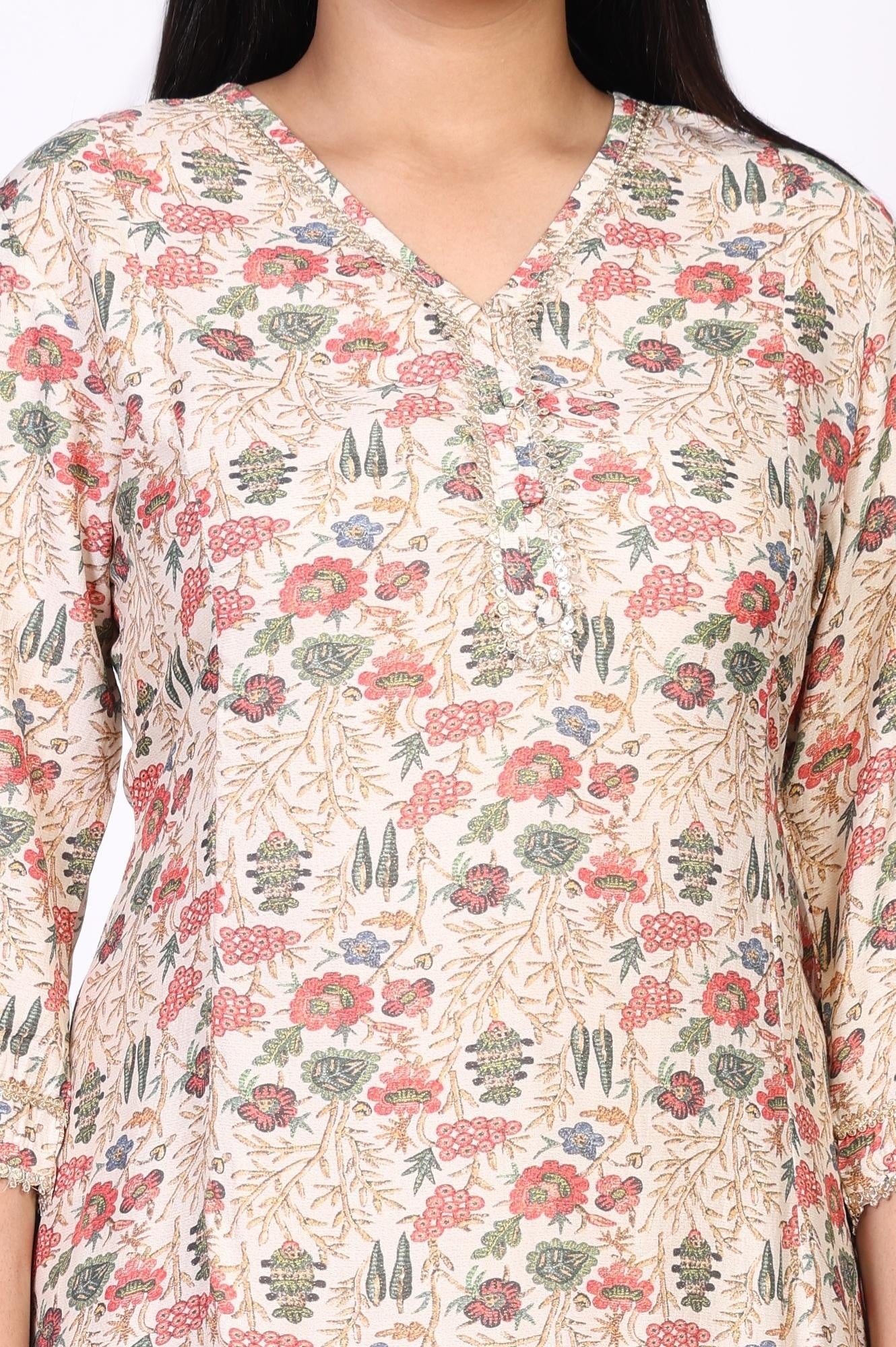 Beige Floral Print Straight Muslin Shimmer Kurta - Image 3