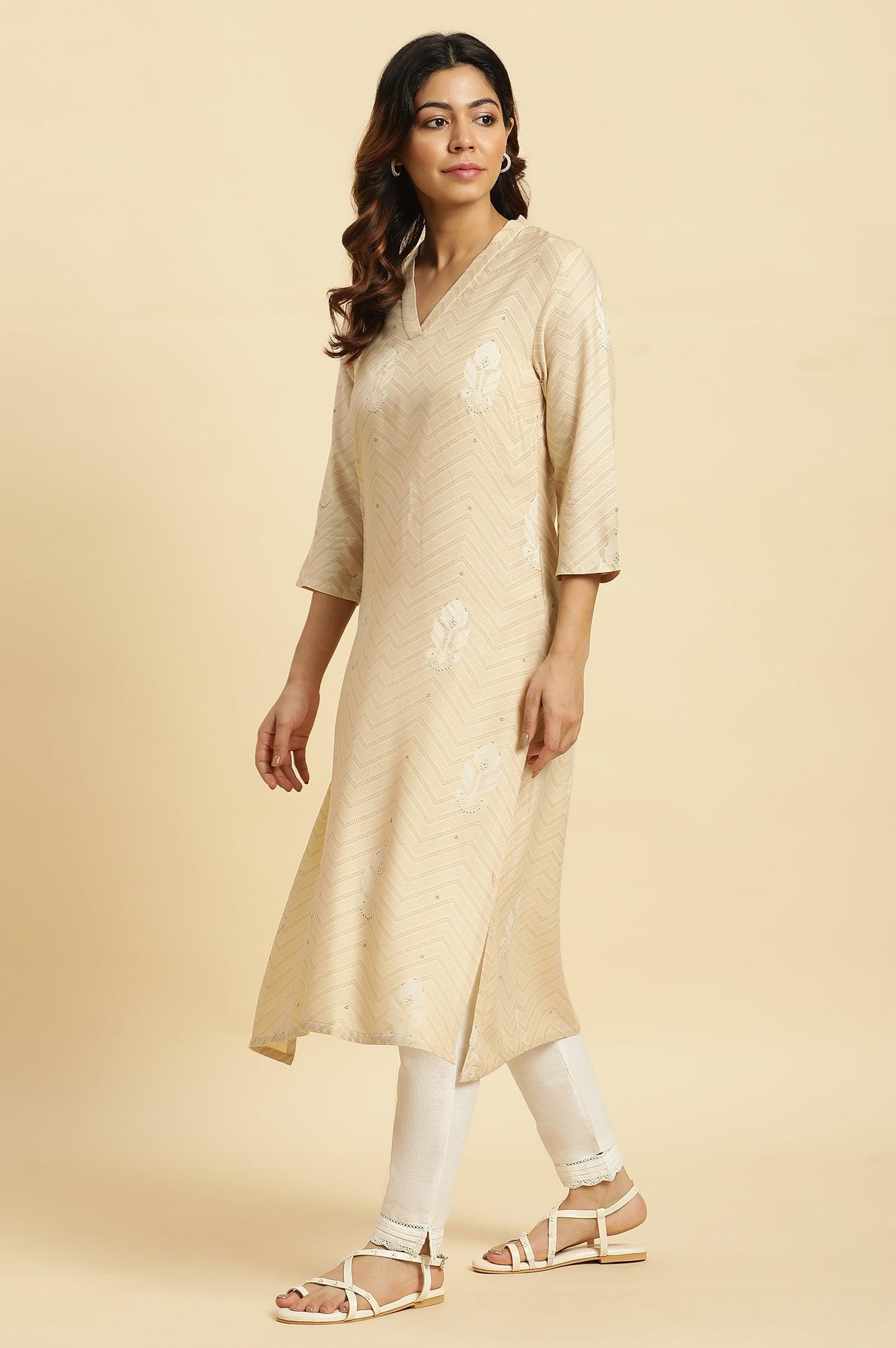 Beige Floral Printed A-Line Casual Kurta - Image 3
