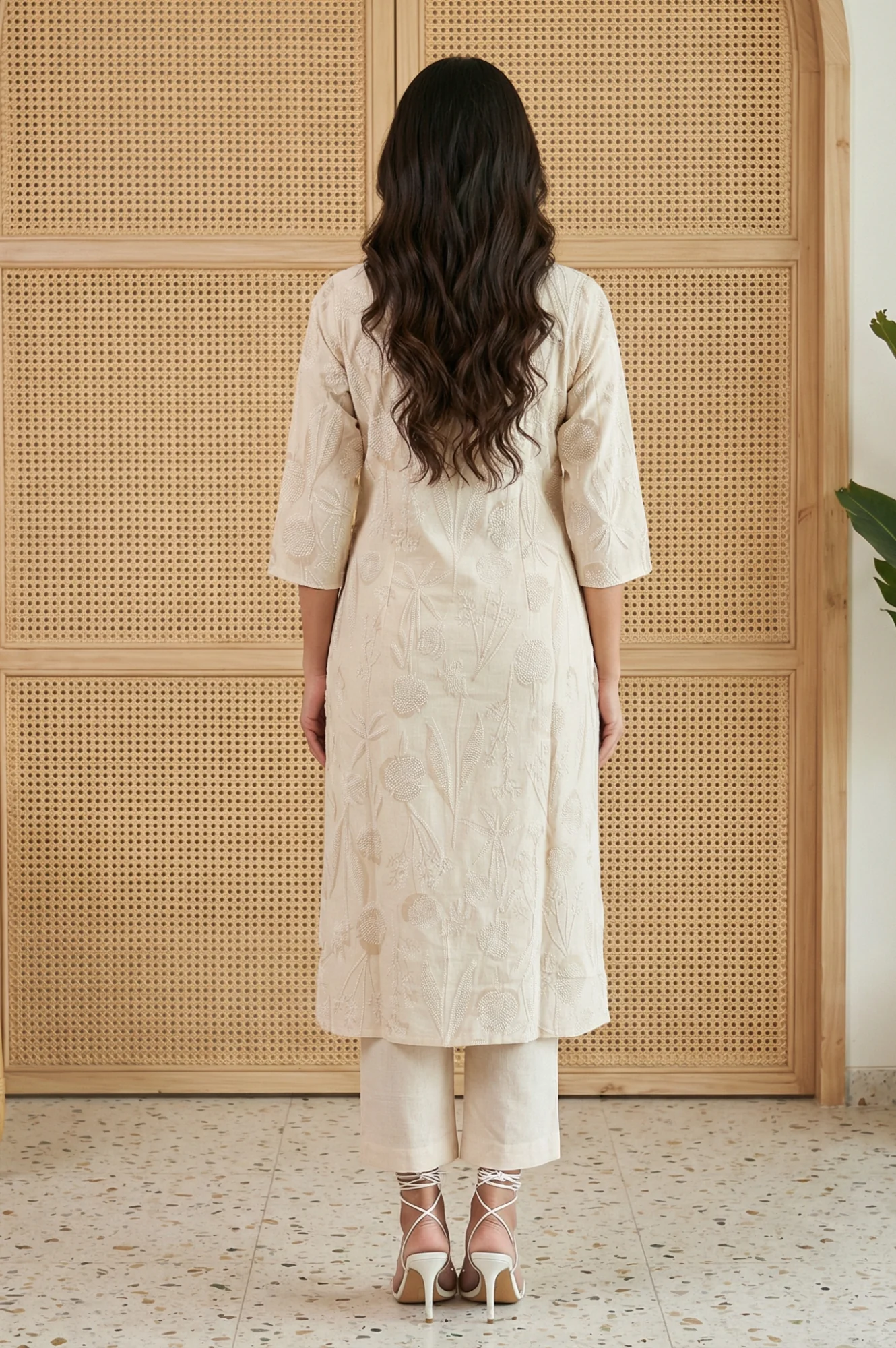 Beige Floral Printed Buttons Cotton Blend Straight Kurta with Pants Set - Image 4