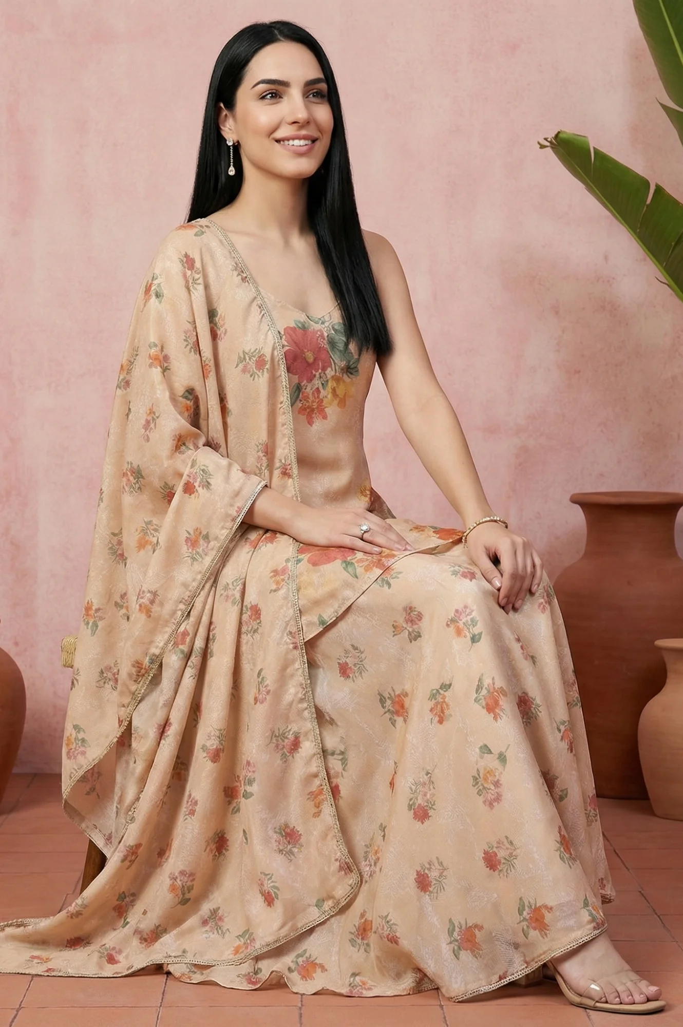 Beige Floral Printed Flared Kurta with Cullotes and Dupatta Set - Image 3