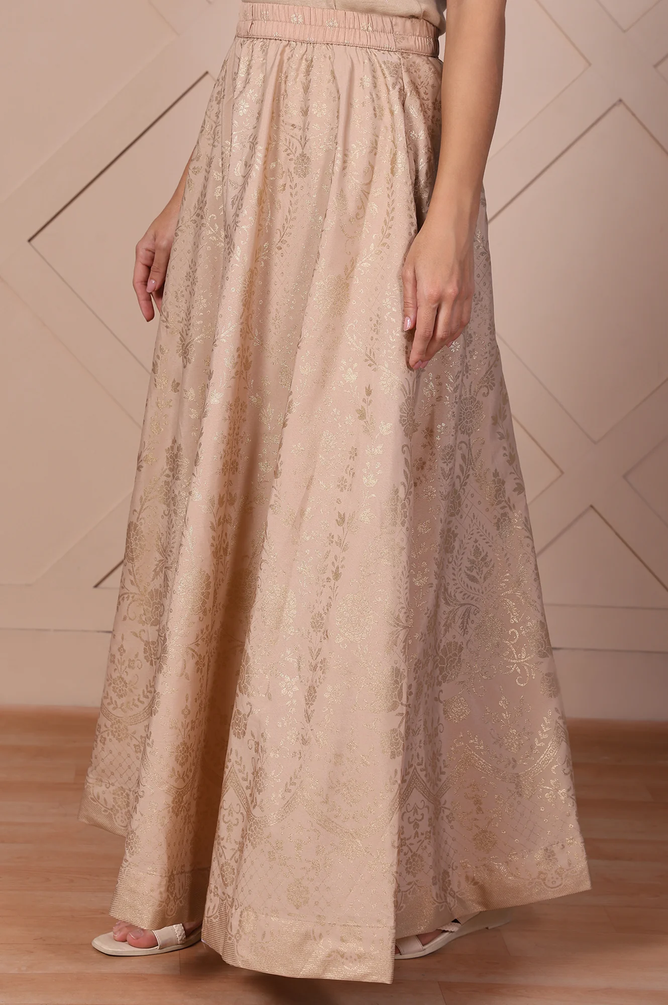Beige Floral Printed High Rise Ankle Length Loose Fit Skirt - Image 2