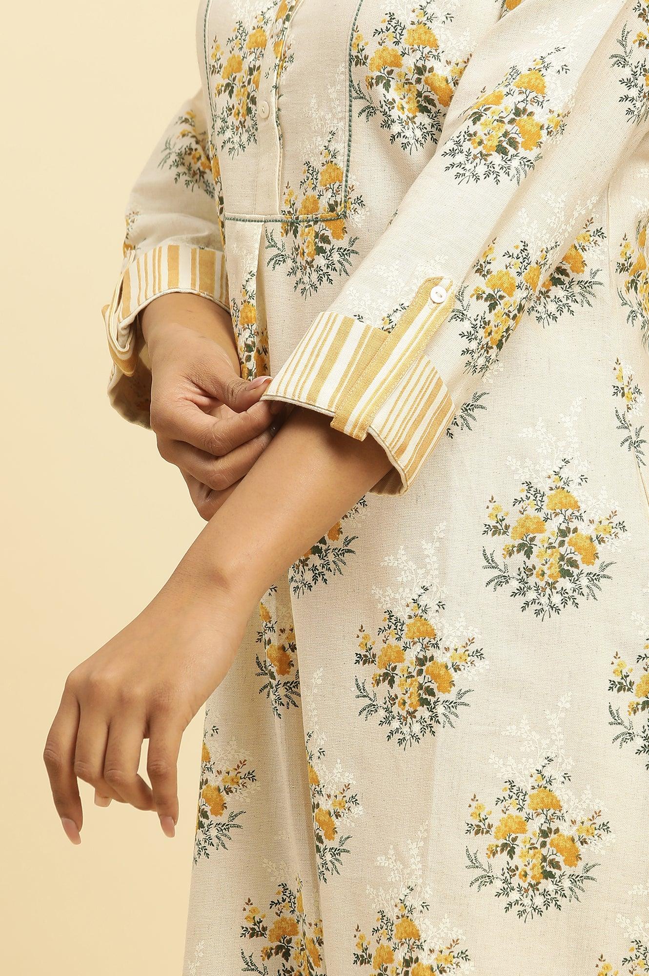 Beige Floral Printed Kurta And Yellow Carrot Pants - Image 7