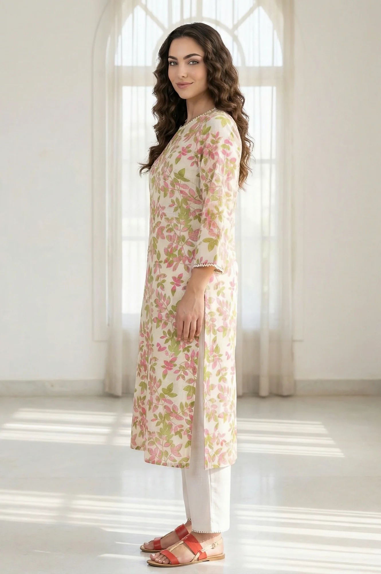 Off-White Floral Printed Pure Cotton Straight Kurta with Lace - Image 3