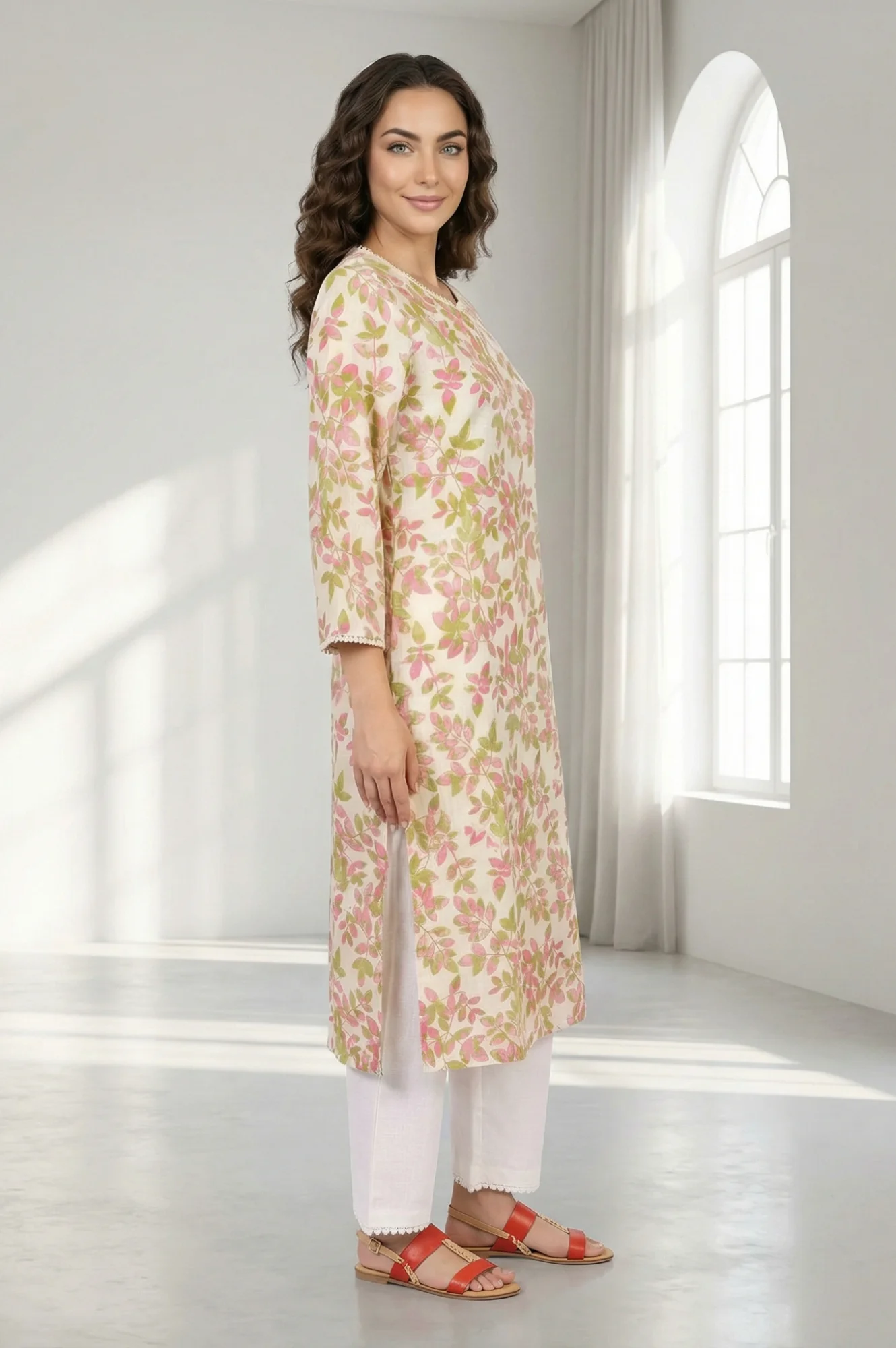 Off-White Floral Printed Pure Cotton Straight Kurta with Lace - Image 5