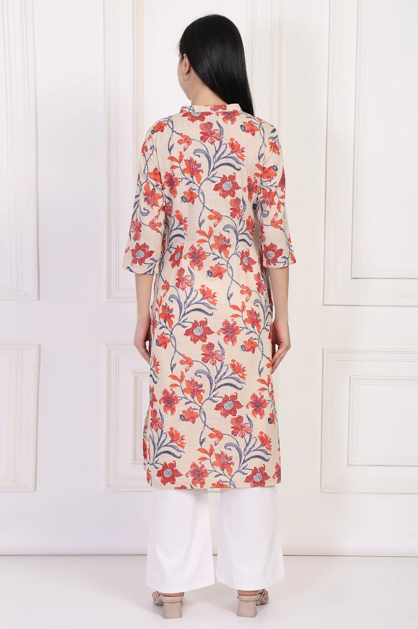 Beige Floral Printed Lace Trim Straight Cotton Kurta - Image 5