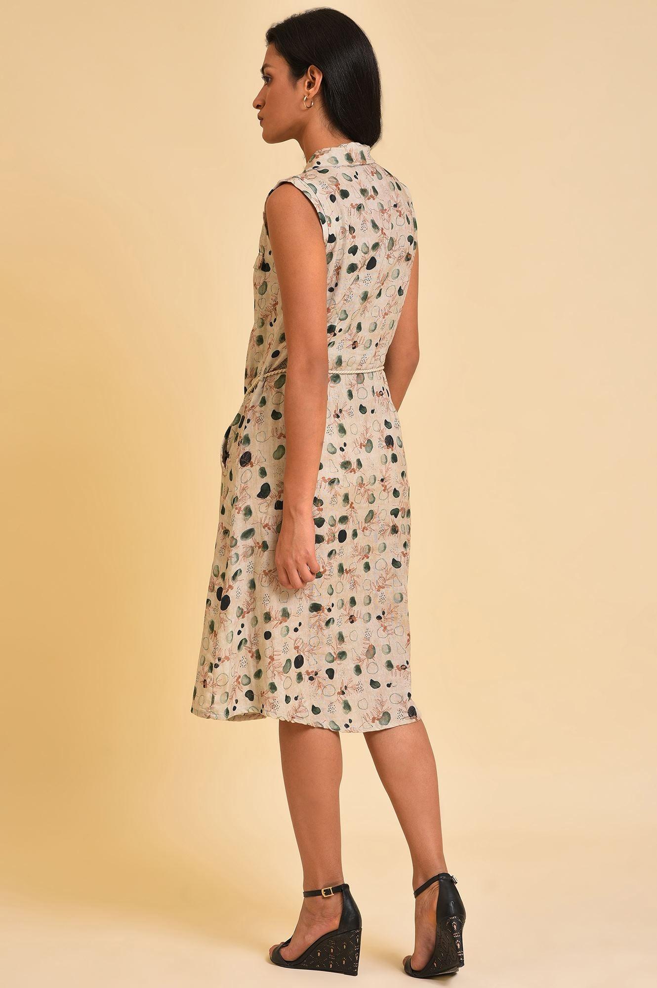 Beige Floral Printed Lapel Collar Midi Dress - Image 2