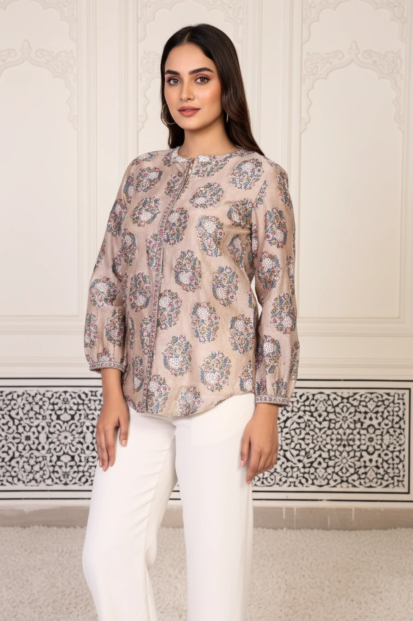 Beige Floral Printed Straight Cotton Top - Image 2