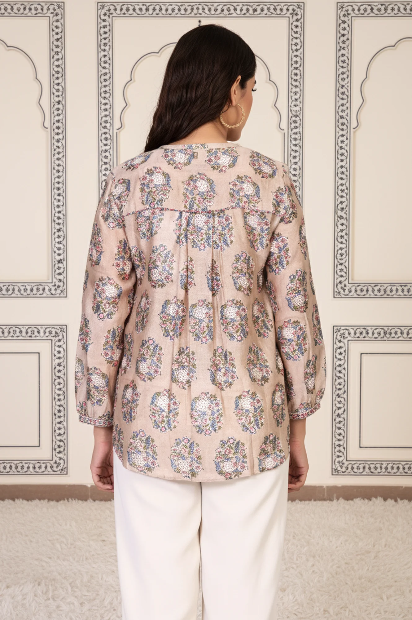 Beige Floral Printed Straight Cotton Top - Image 5