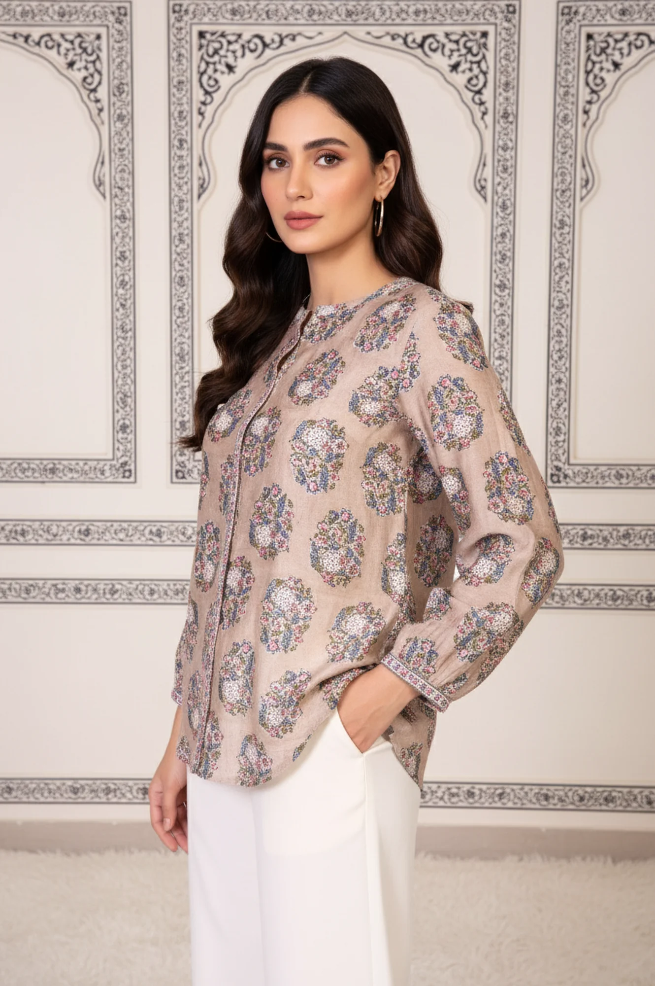 Beige Floral Printed Straight Cotton Top - Image 6