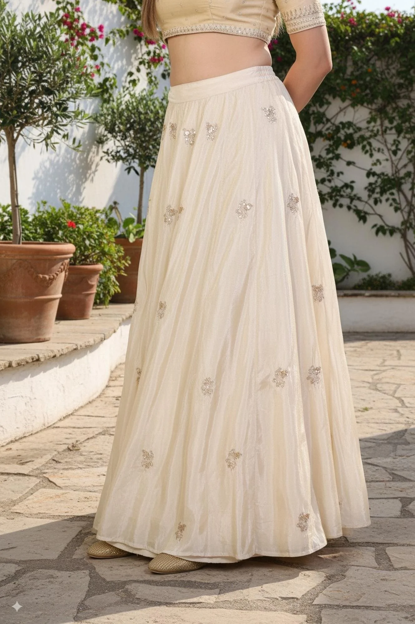 Beige Floral Sequined Flared Tissue Skirt - Image 3