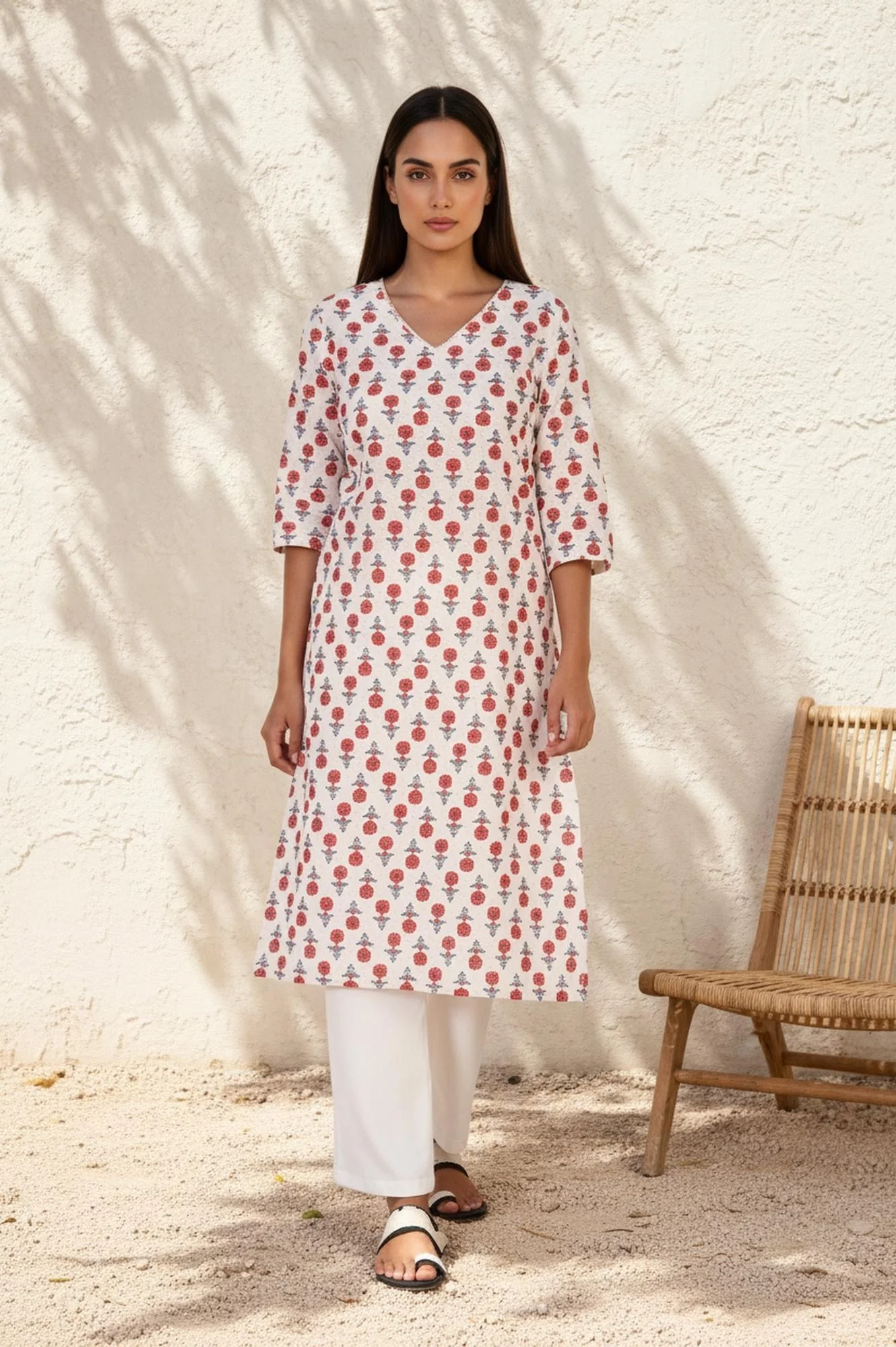 Beige Floral Straight Cotton Kurta - Image 2