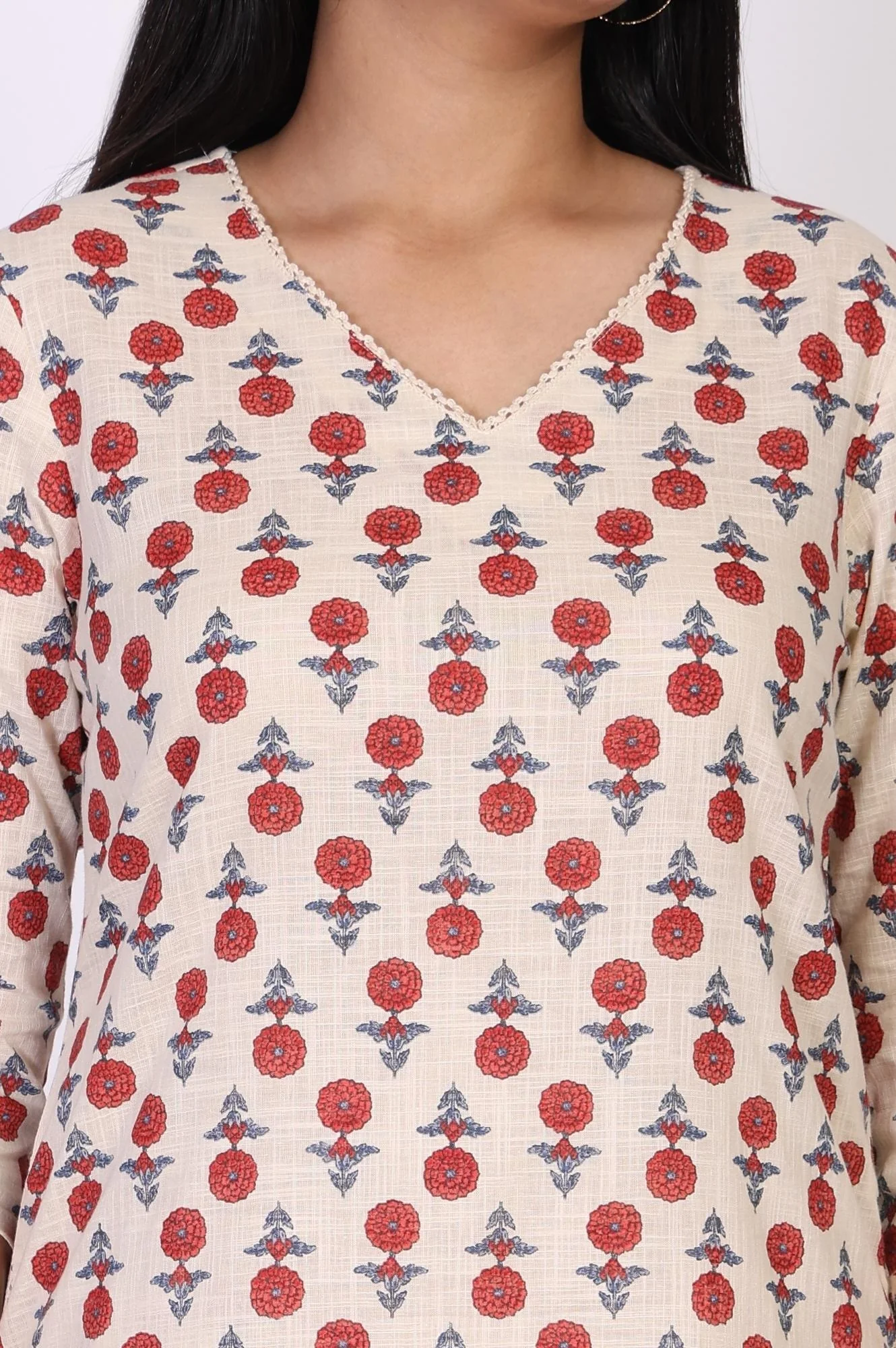 Beige Floral Straight Cotton Kurta - Image 3