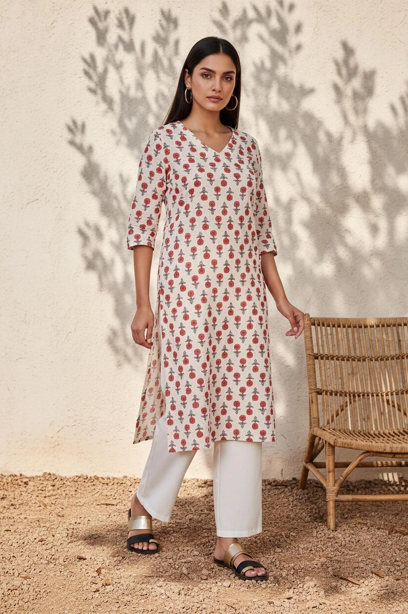 Beige Floral Straight Cotton Kurta - Image 4