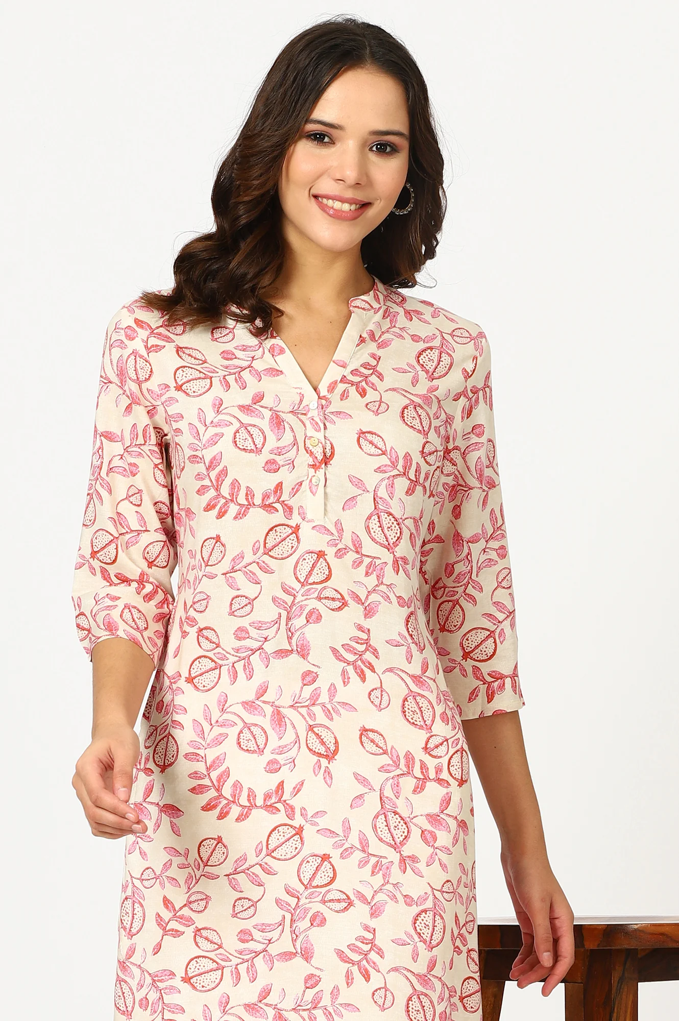 Beige Floral Straight Rayon Kurta