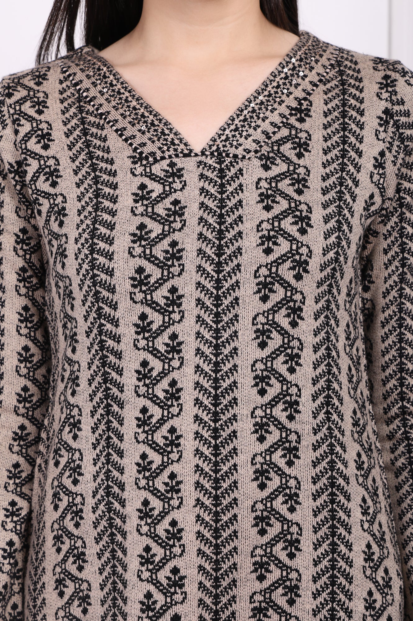 Beige Geometric A-Line Acrylic Winter Kurta - Image 3