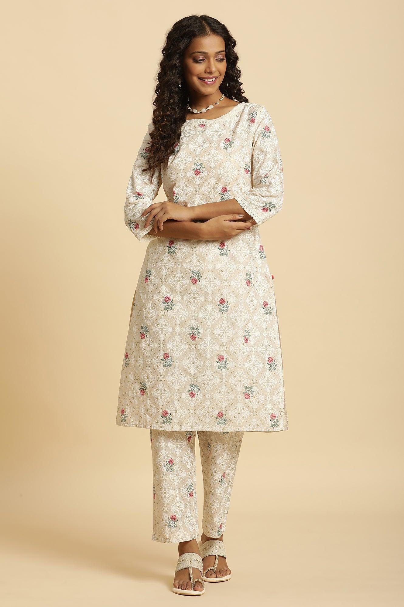 Beige Glitter Printed Kurta And Straight Pants Set - Image 2