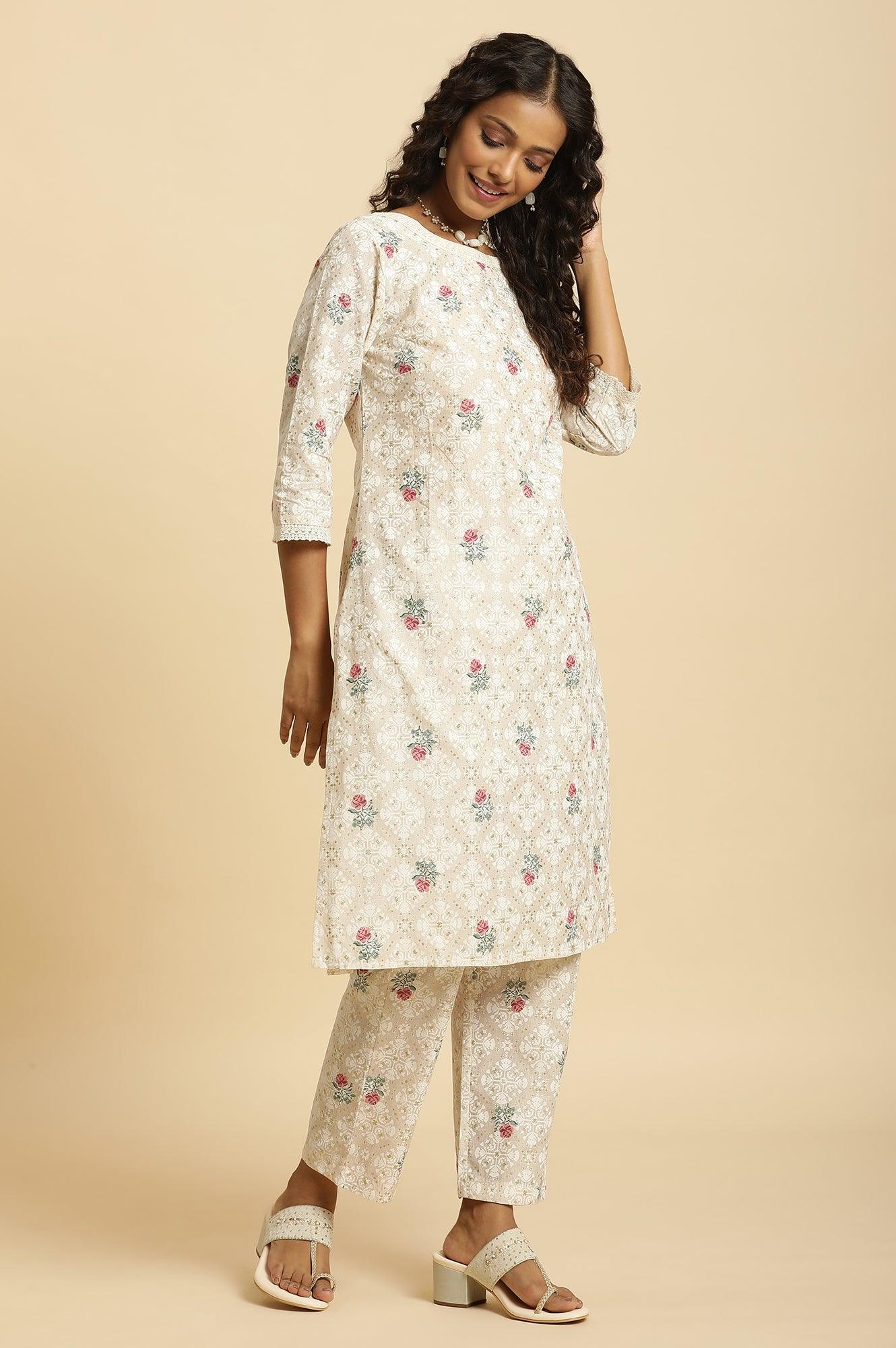 Beige Glitter Printed Kurta And Straight Pants Set - Image 5