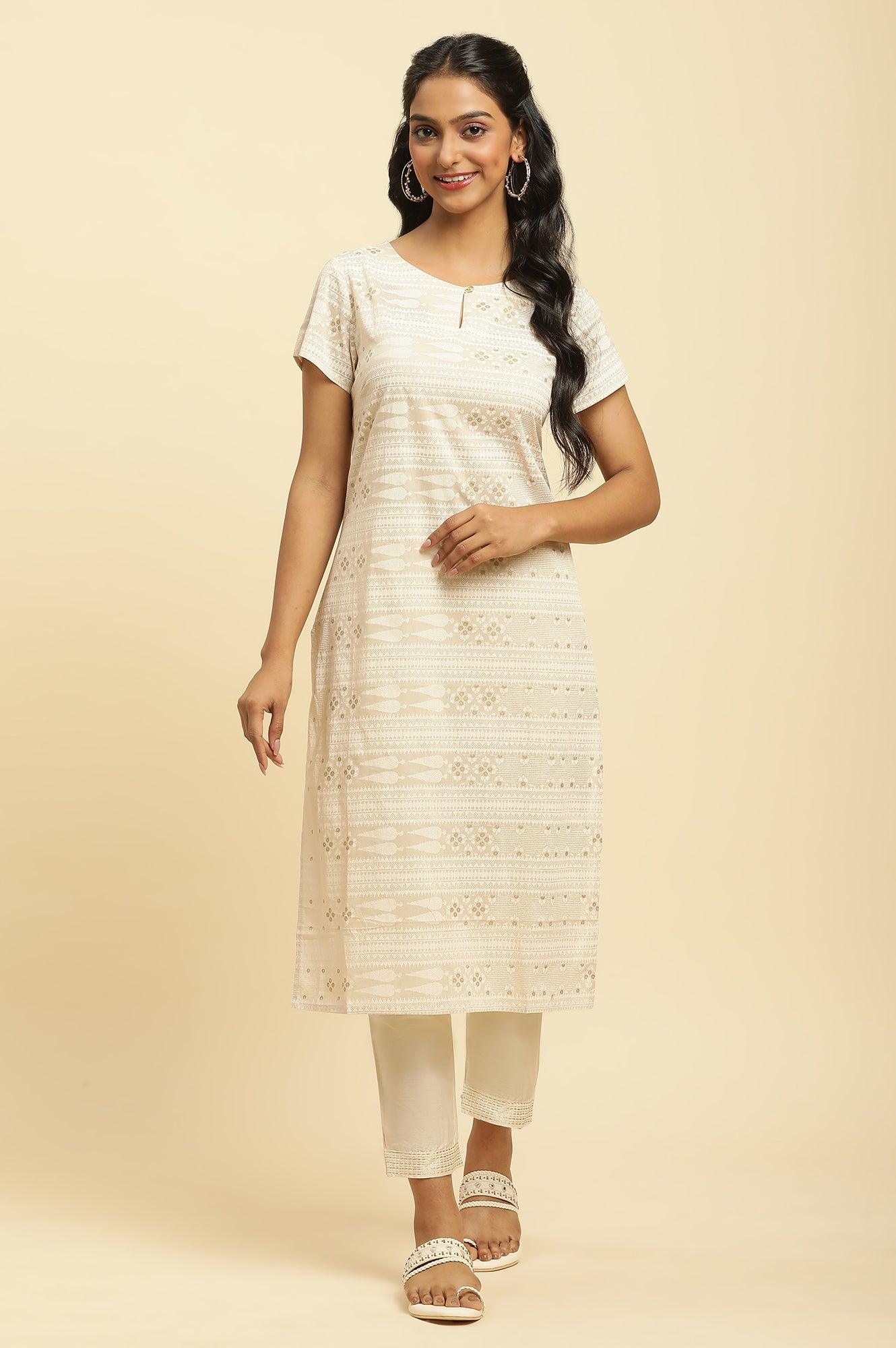 Beige Glitter Printed Straight Kurta - Image 2