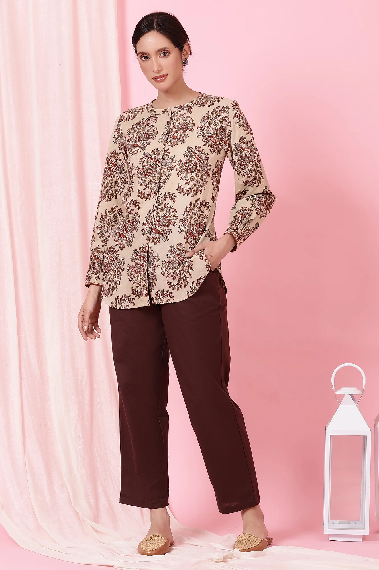 Beige Handblock Kalamkari Printed Shirt - Image 3