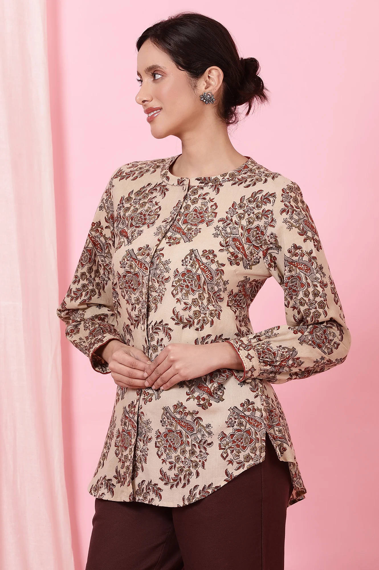 Beige Handblock Kalamkari Printed Shirt - Image 5