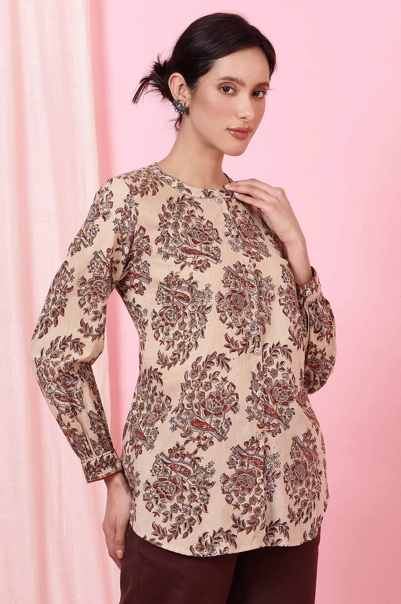 Beige Handblock Kalamkari Printed Shirt - Image 7