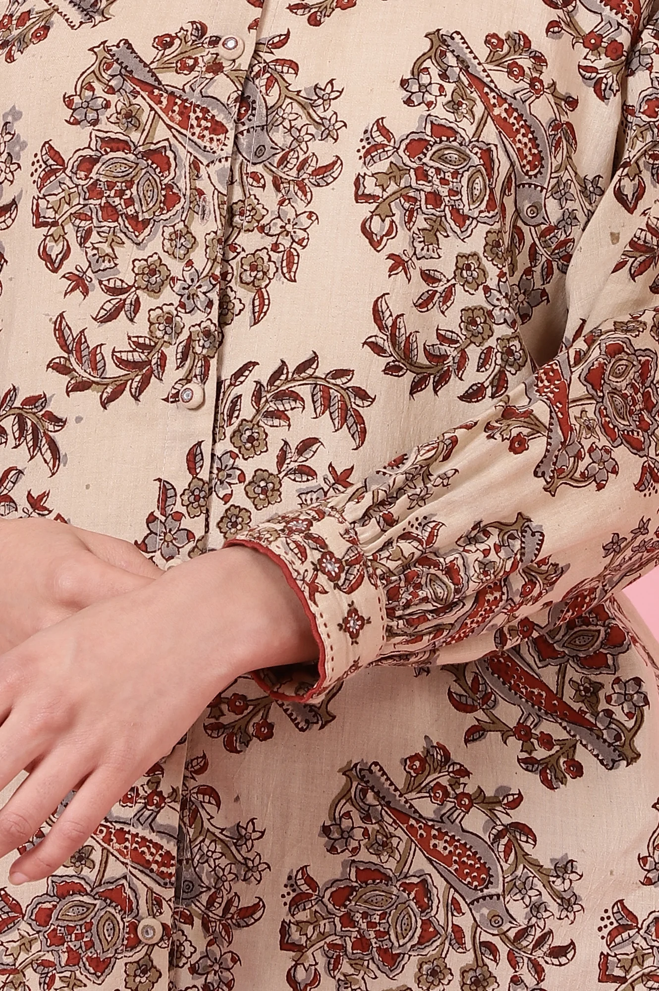 Beige Handblock Kalamkari Printed Shirt - Image 8
