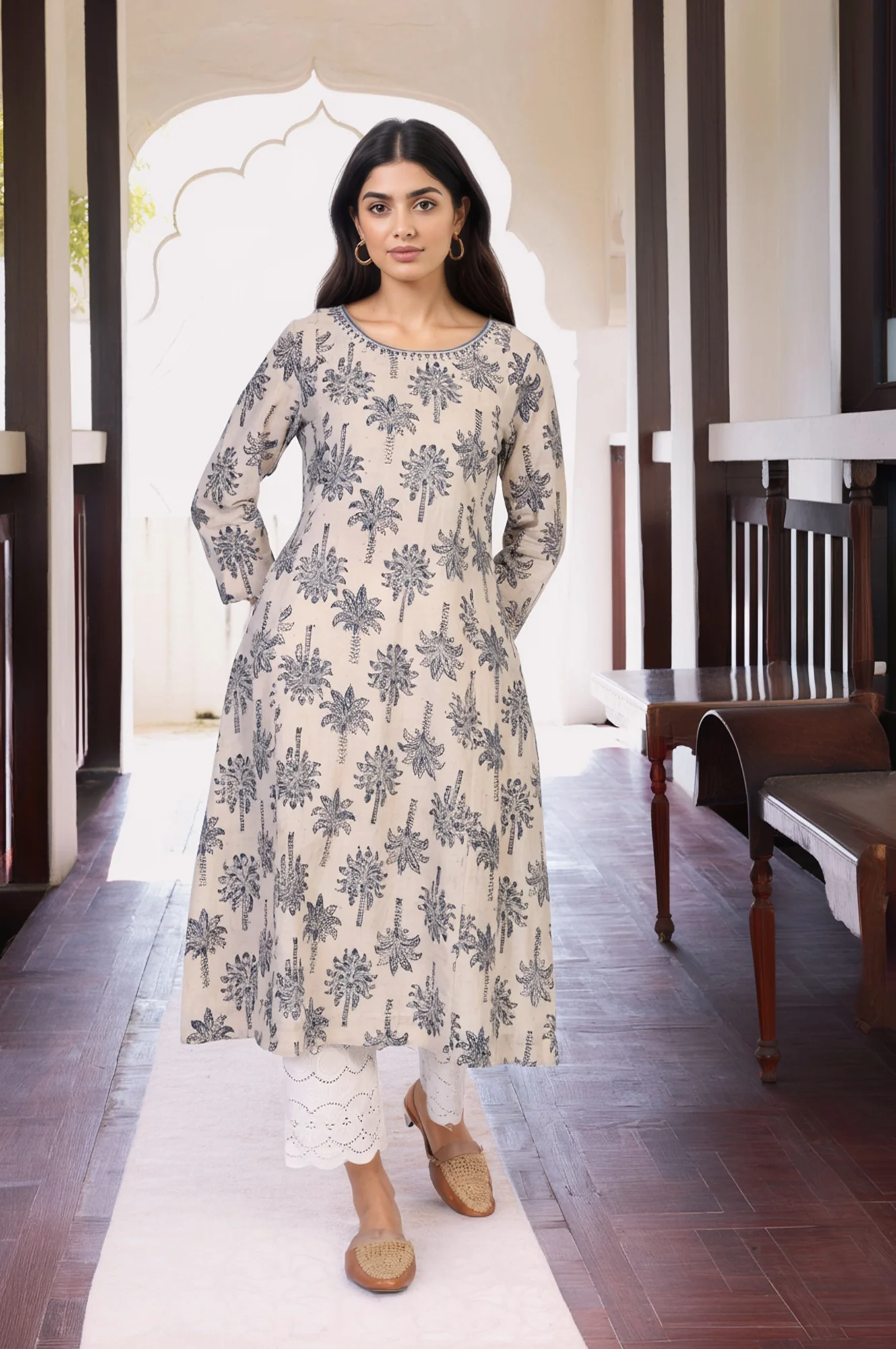 Beige Kalamkari Mirror Work A-Line Cotton Kurta - Image 2