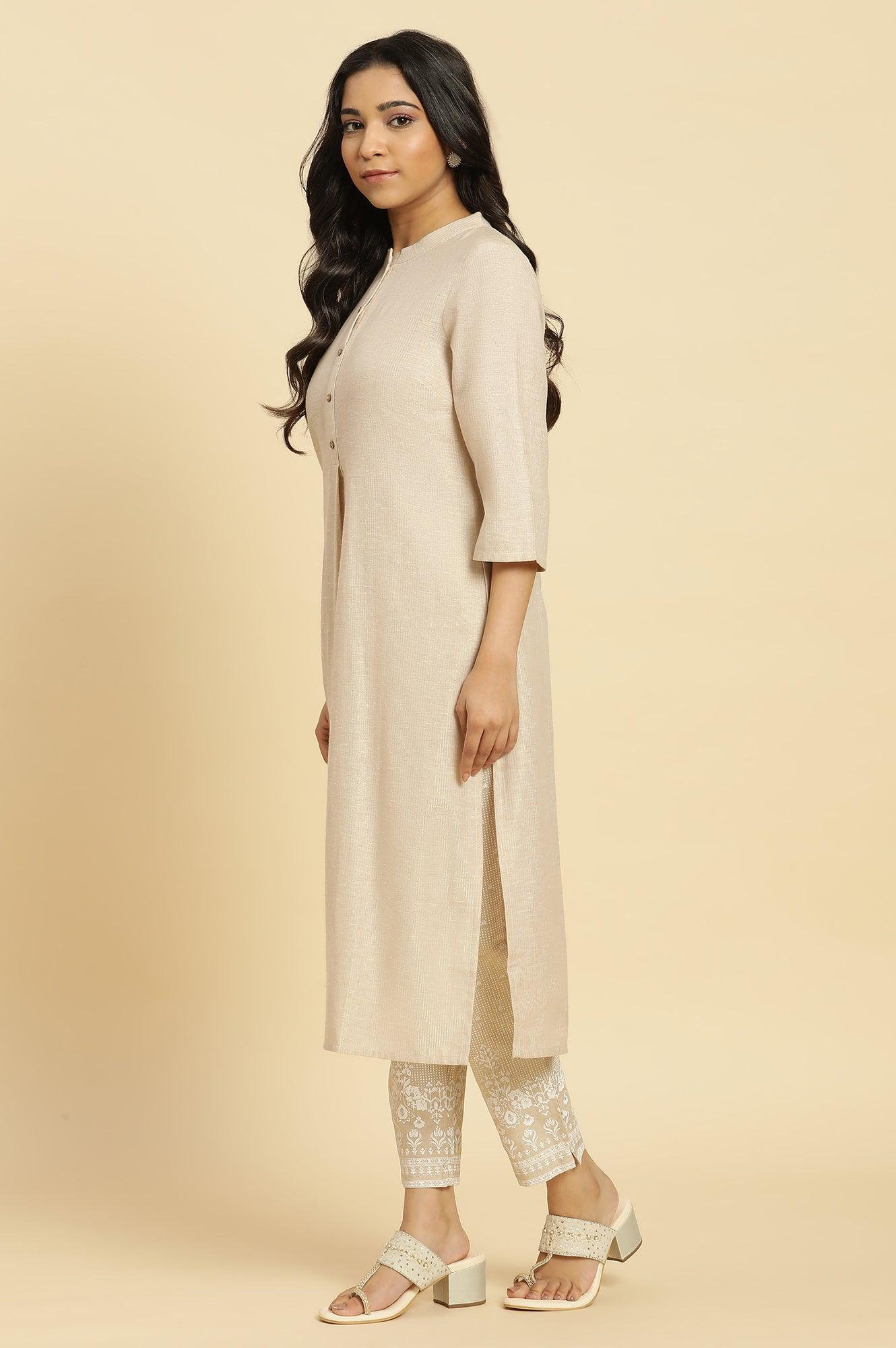 Beige Mandarin Collar Kurta And Pants Set - Image 3