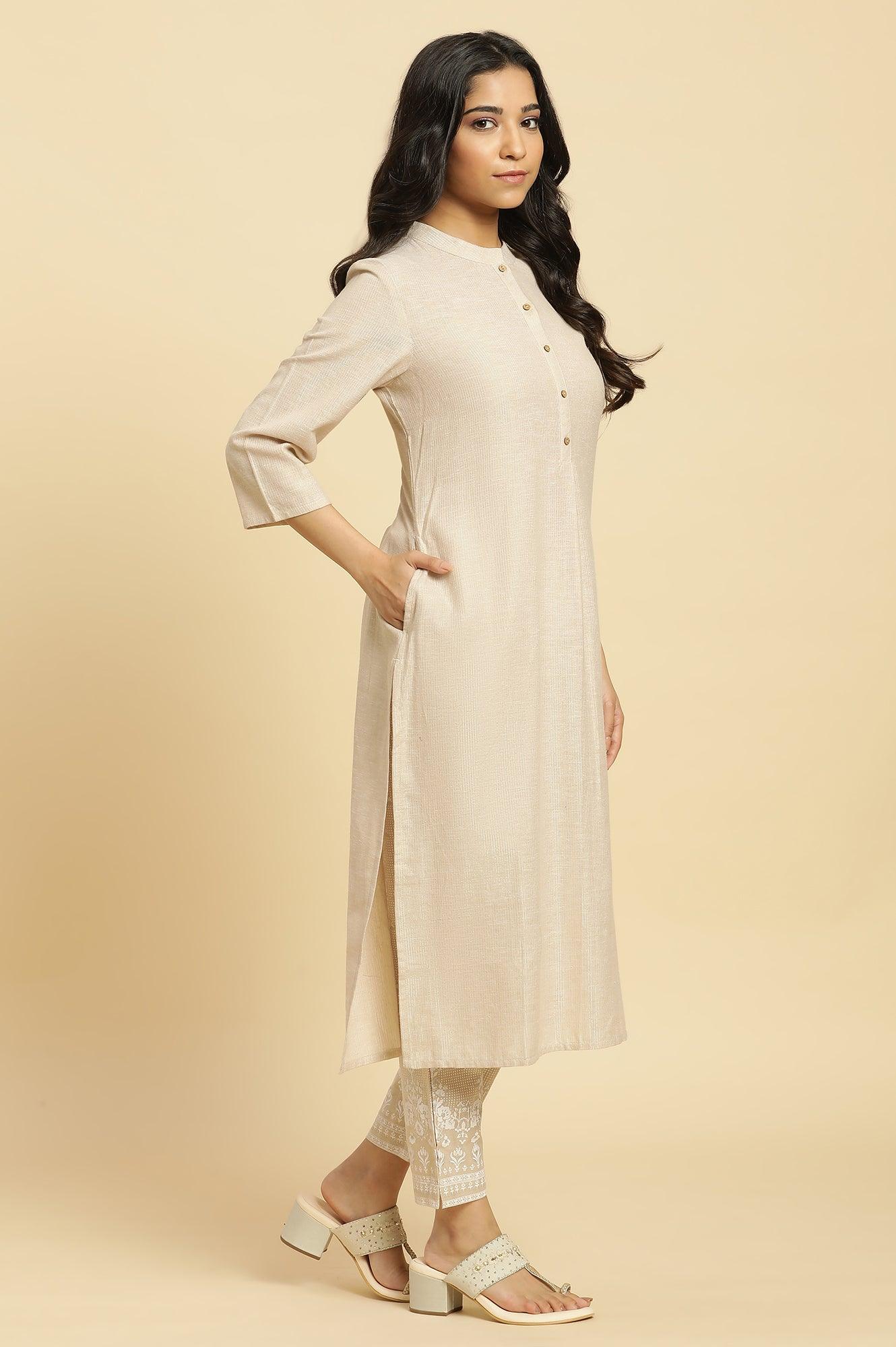 Beige Mandarin Collar Kurta And Pants Set - Image 5