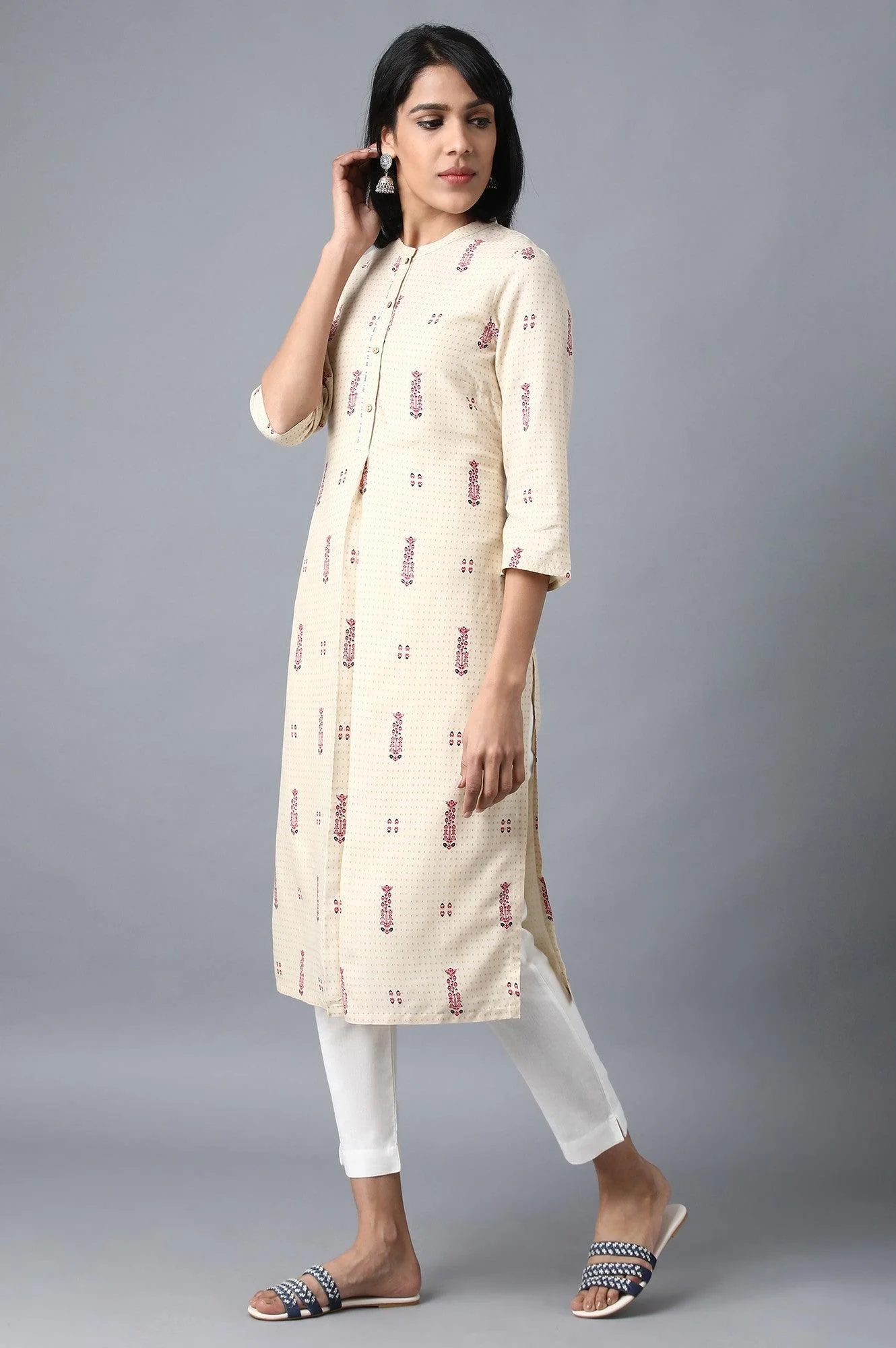 Beige Mandarin Neck Printed Shirt kurta - Image 3