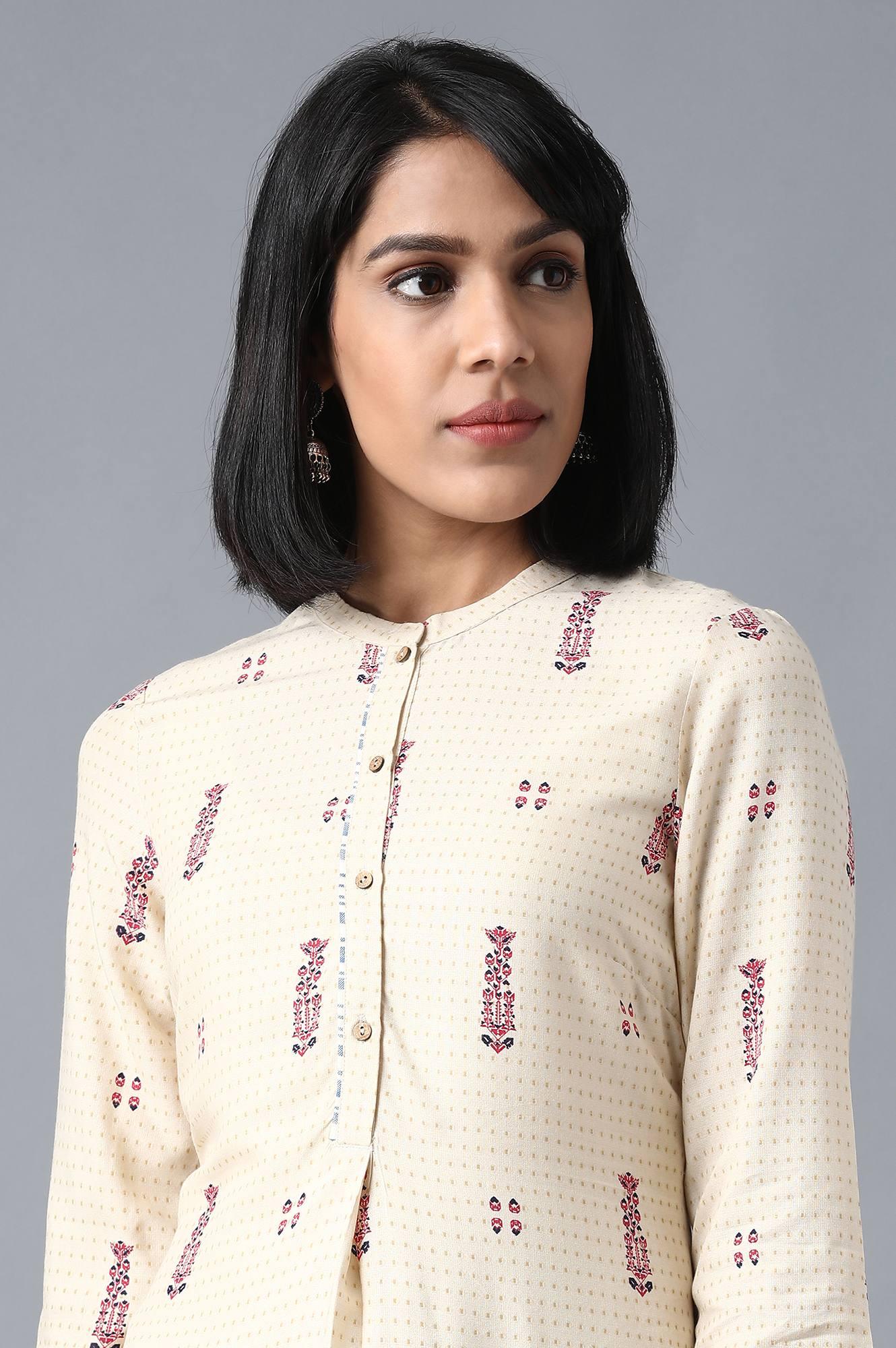 Beige Mandarin Neck Printed Shirt kurta - Image 5