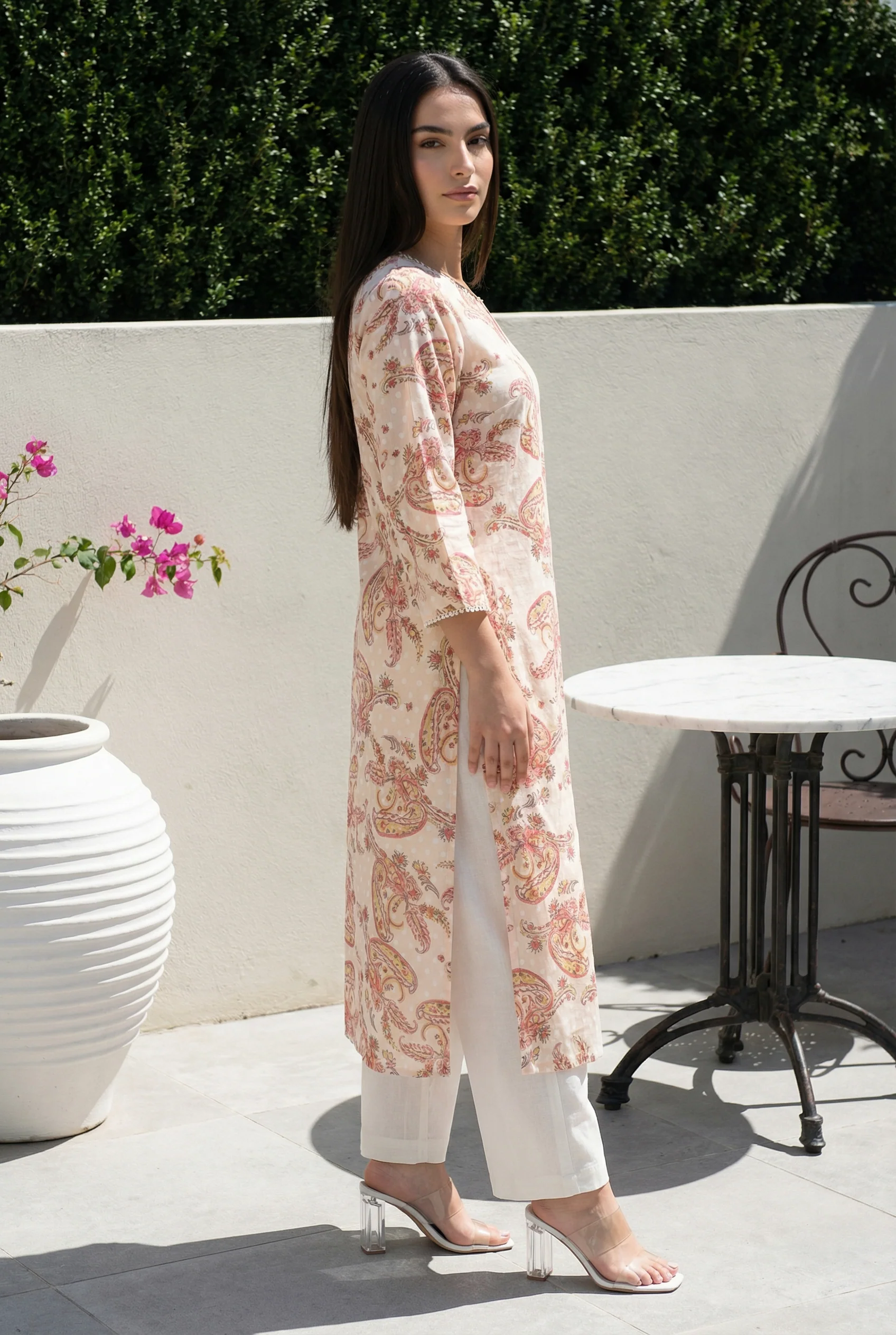 Beige Paisley Printed Pure Cotton Straight Kurta with Lace - Image 3