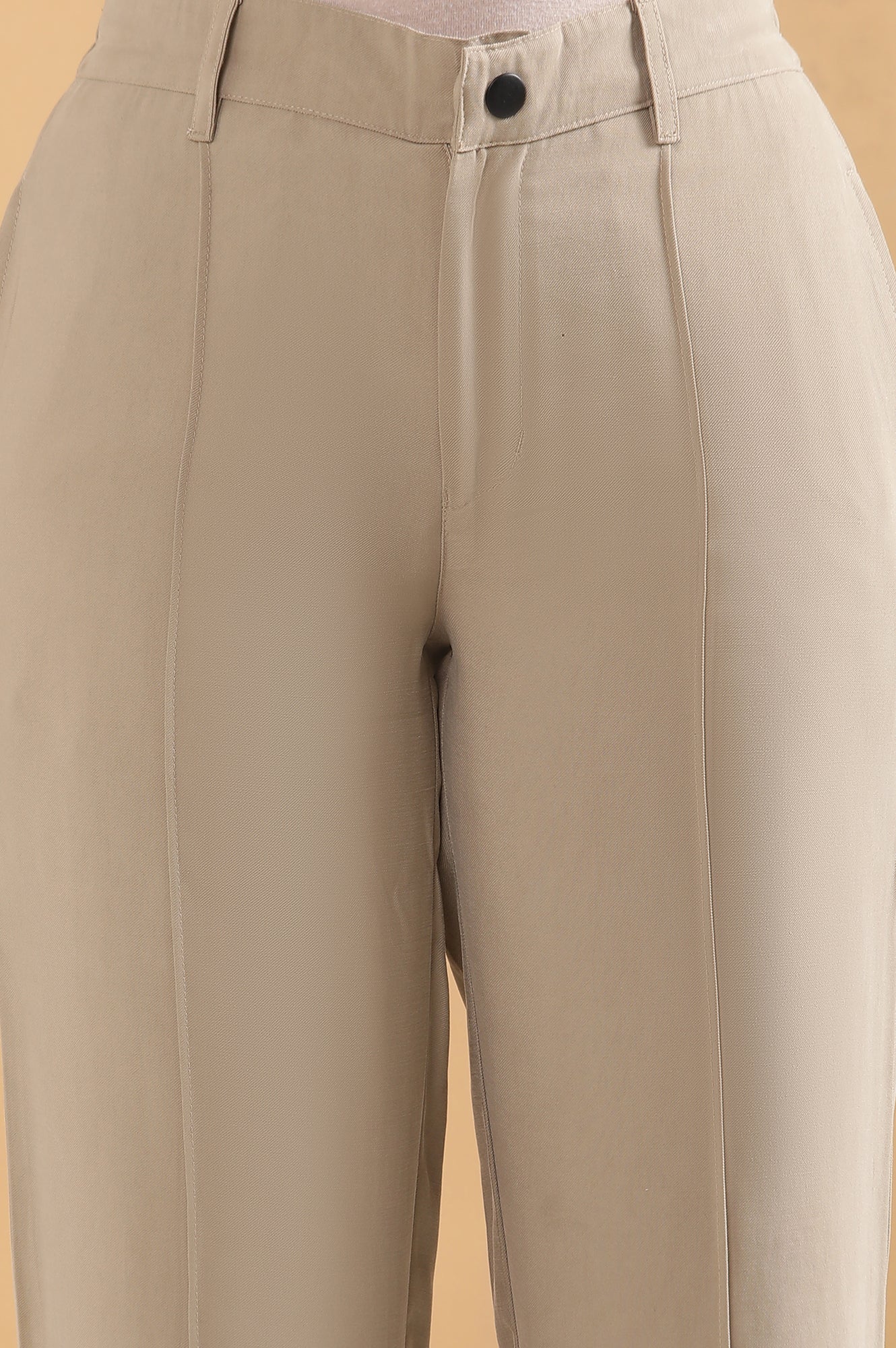 Beige Solid Straight Fit Woven Pants With Pintuck Detail - Image 6