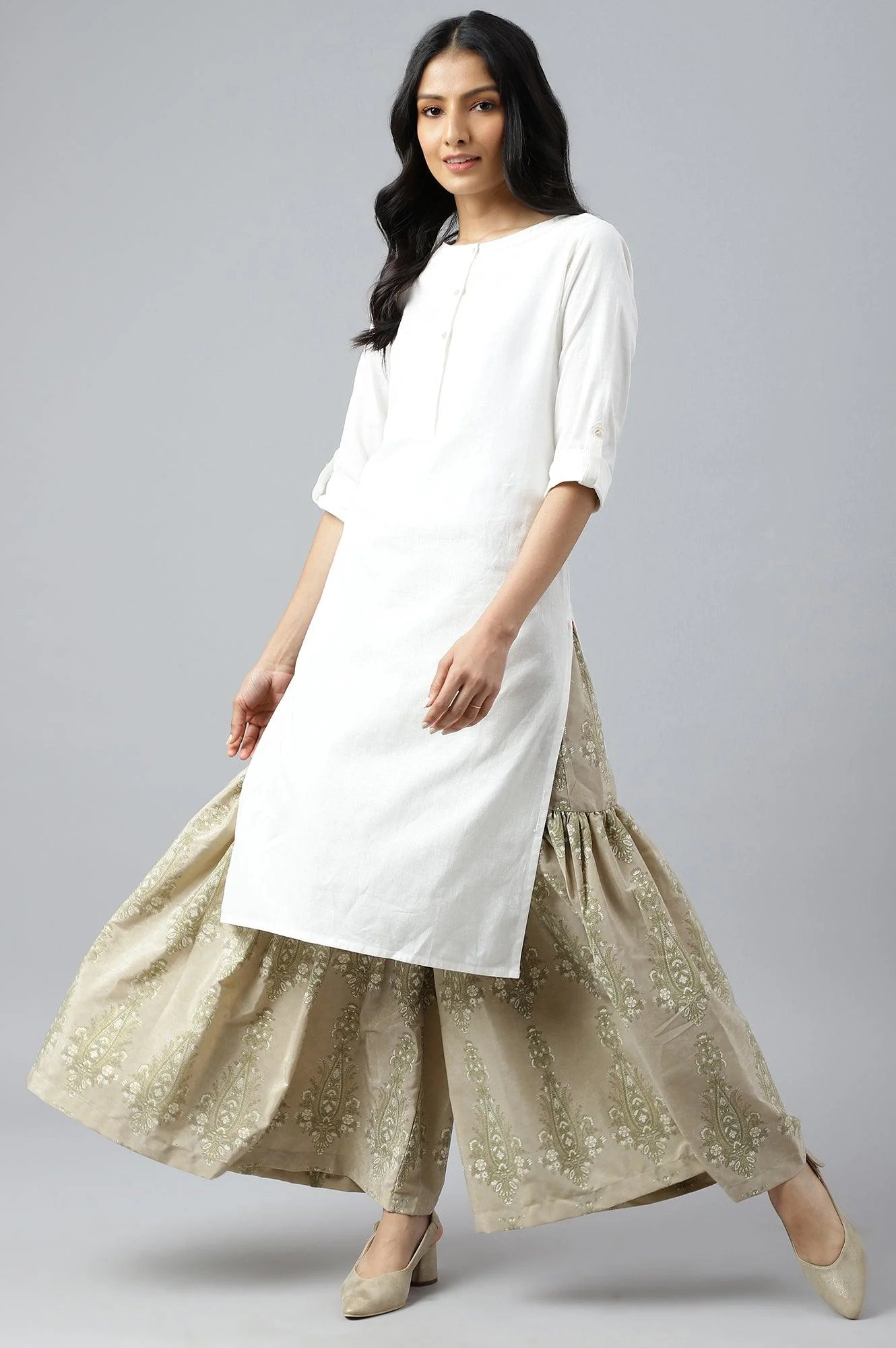 Beige Printed Gathered Sharara - Image 5