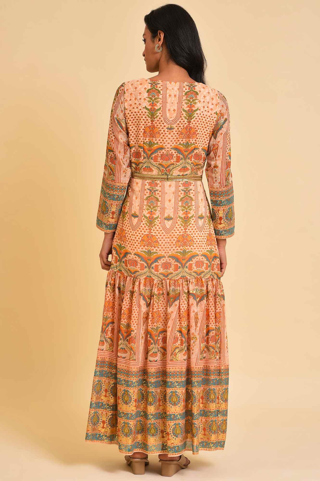 Beige Printed Tiered Dress With Embroidery - Image 2