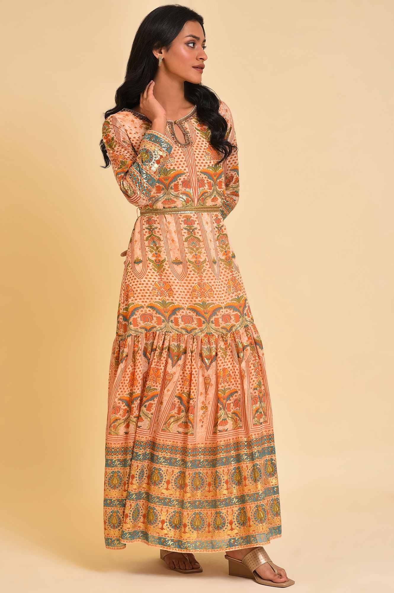 Beige Printed Tiered Dress With Embroidery - Image 4