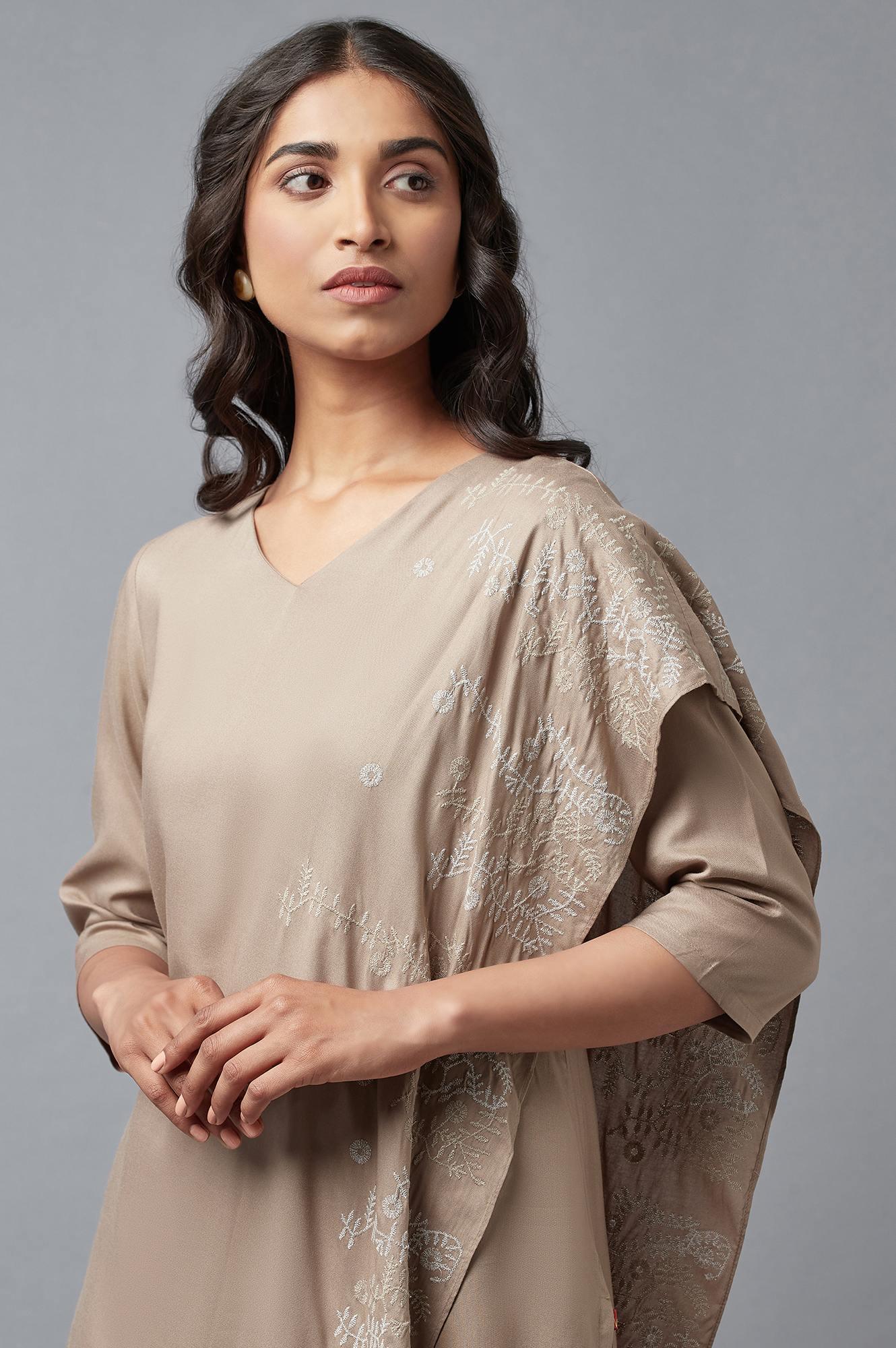 Beige Saree draped kurta In V-Neck With Thread Embroidery - Image 5