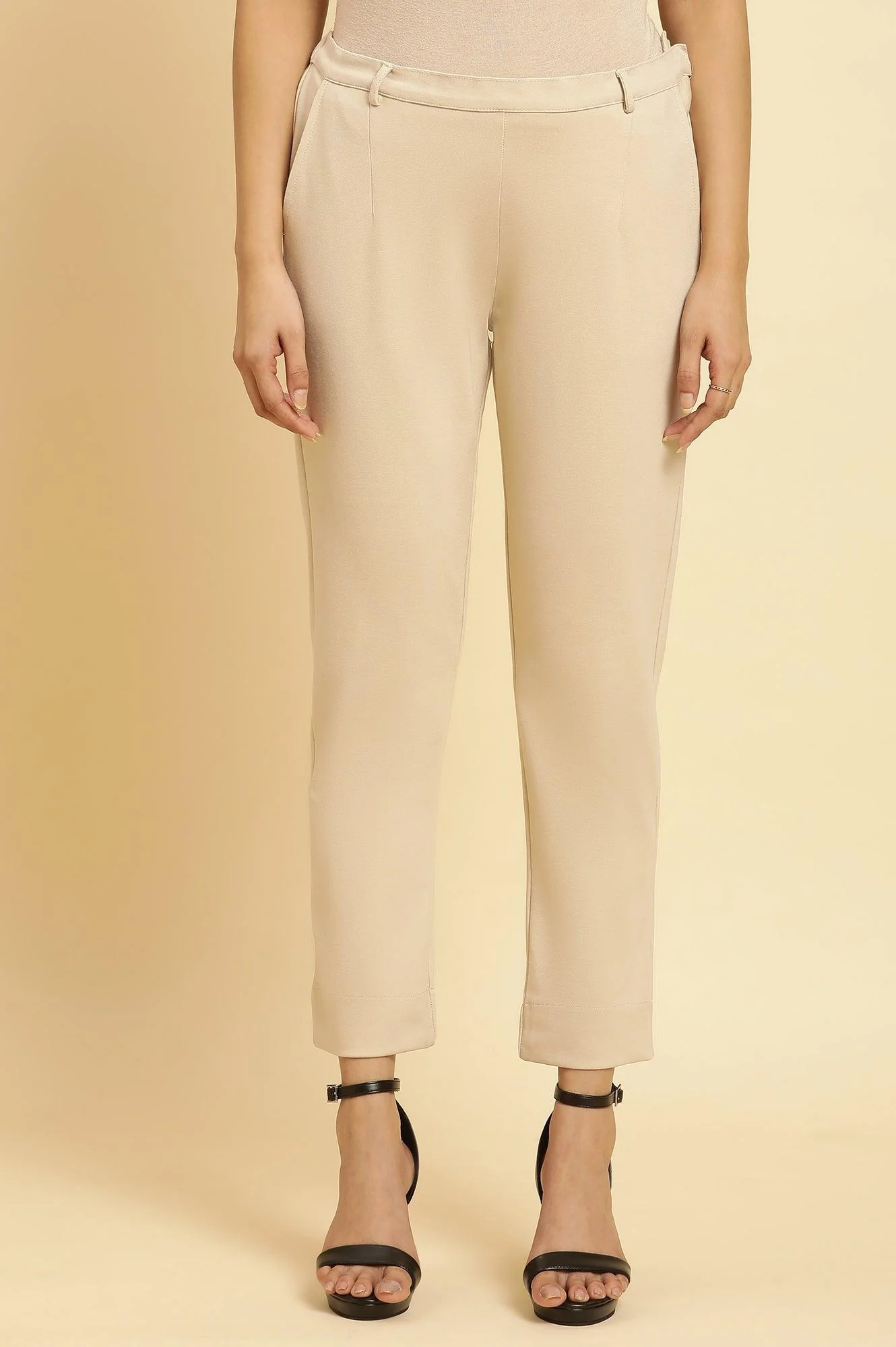 Beige Slim Fit Elasticated Western Pants