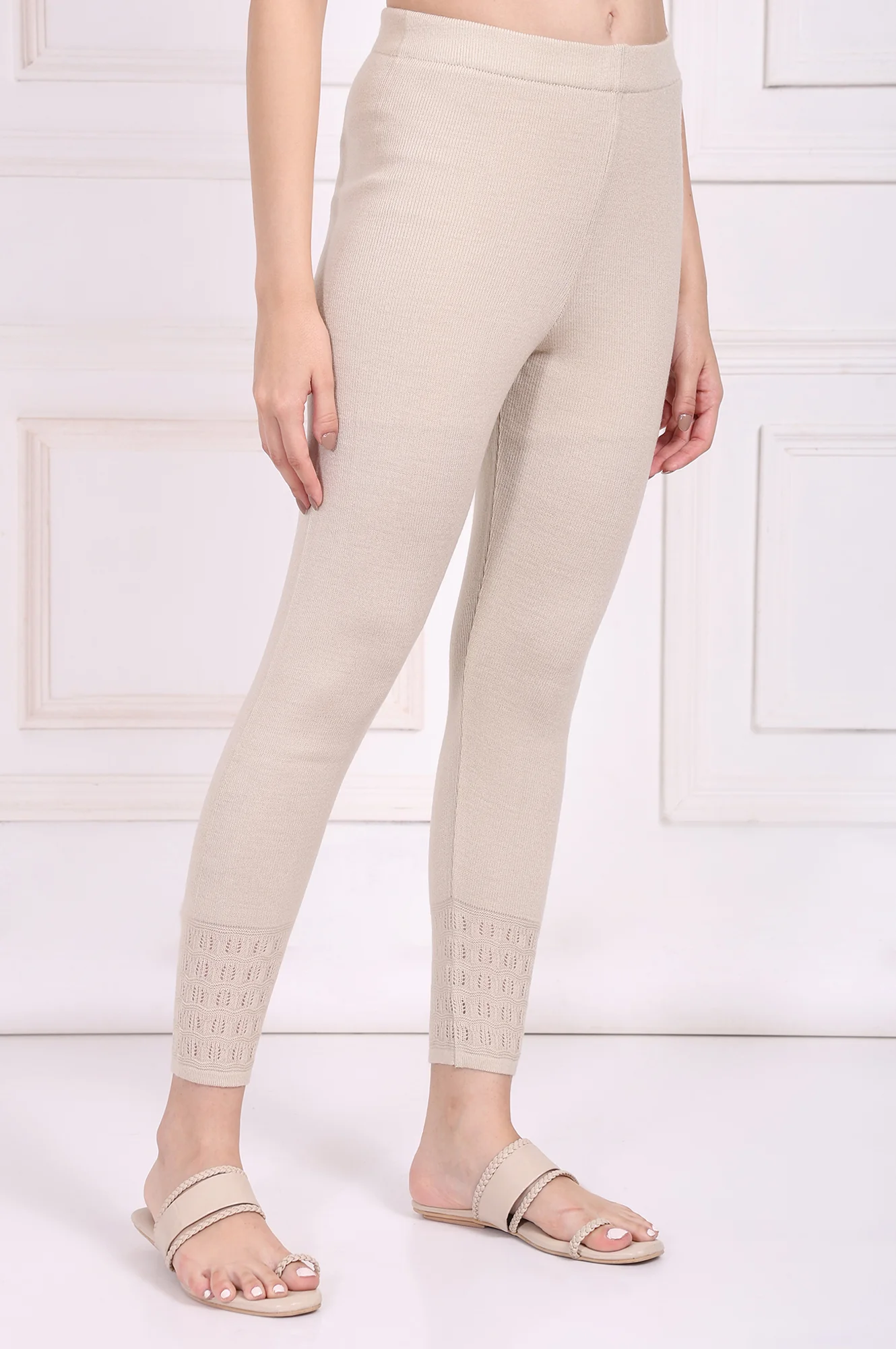 Beige Solid Acrylic Winter Legging - Image 3