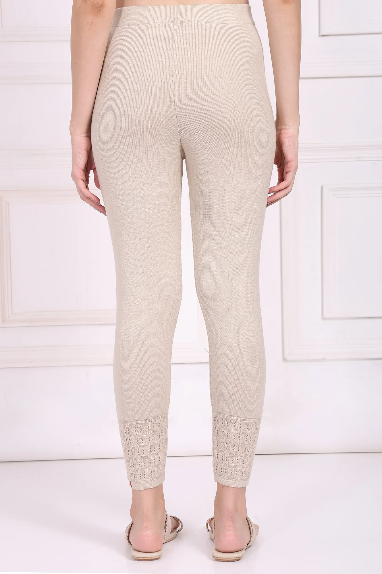 Beige Solid Acrylic Winter Legging - Image 4