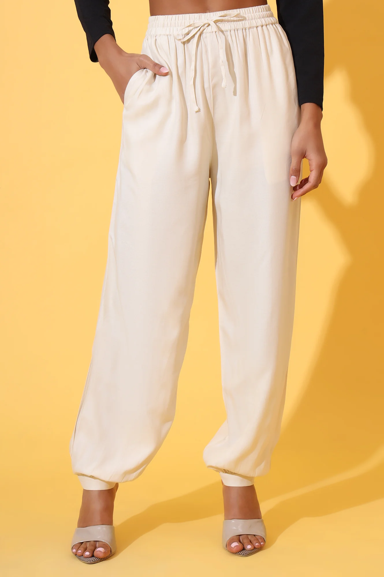 Beige Solid Ankle Length Rayon Harem Pants - Image 2
