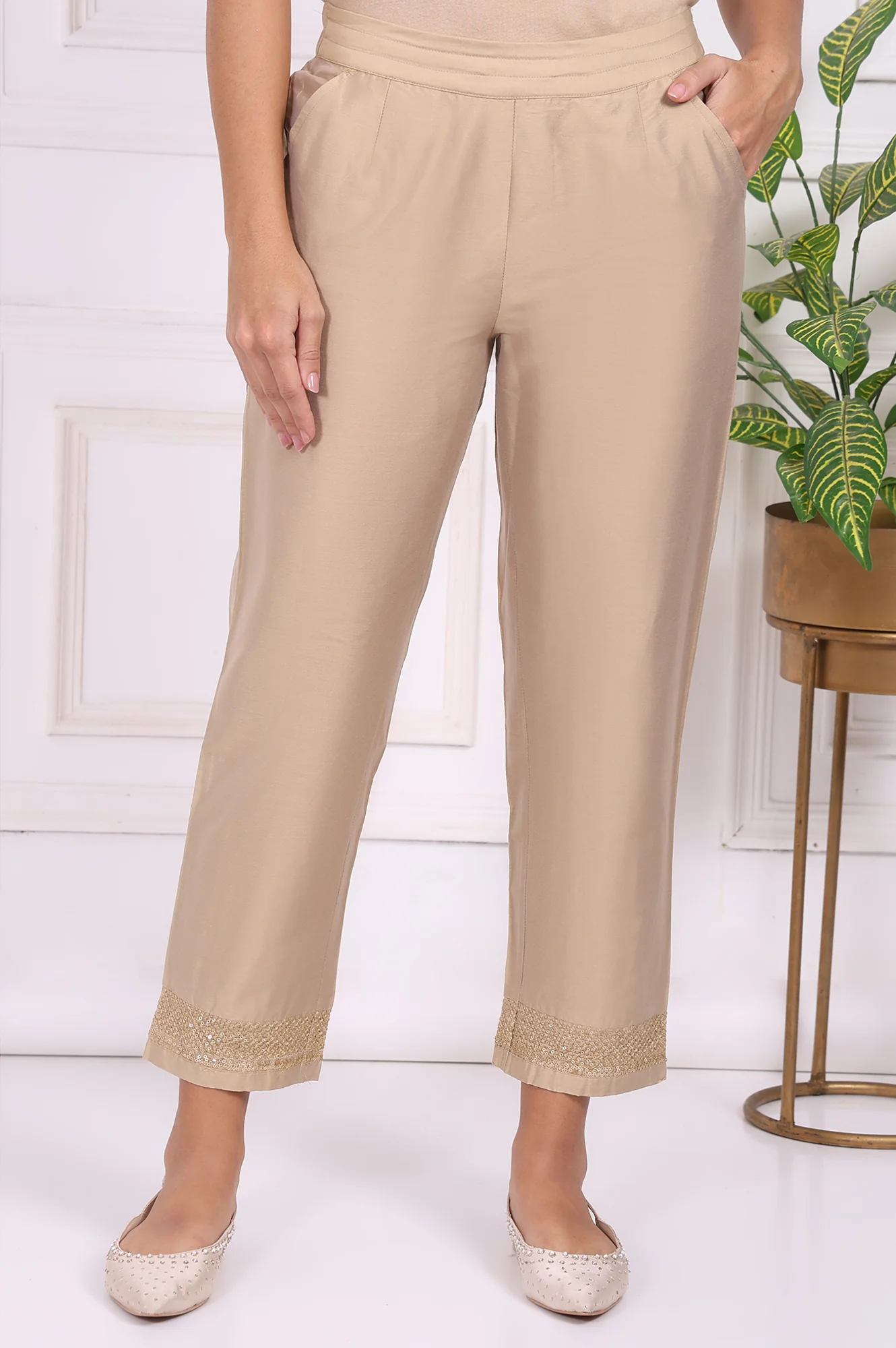 Beige Solid Embroidered Mid Rise Ankle Length Straight Pants