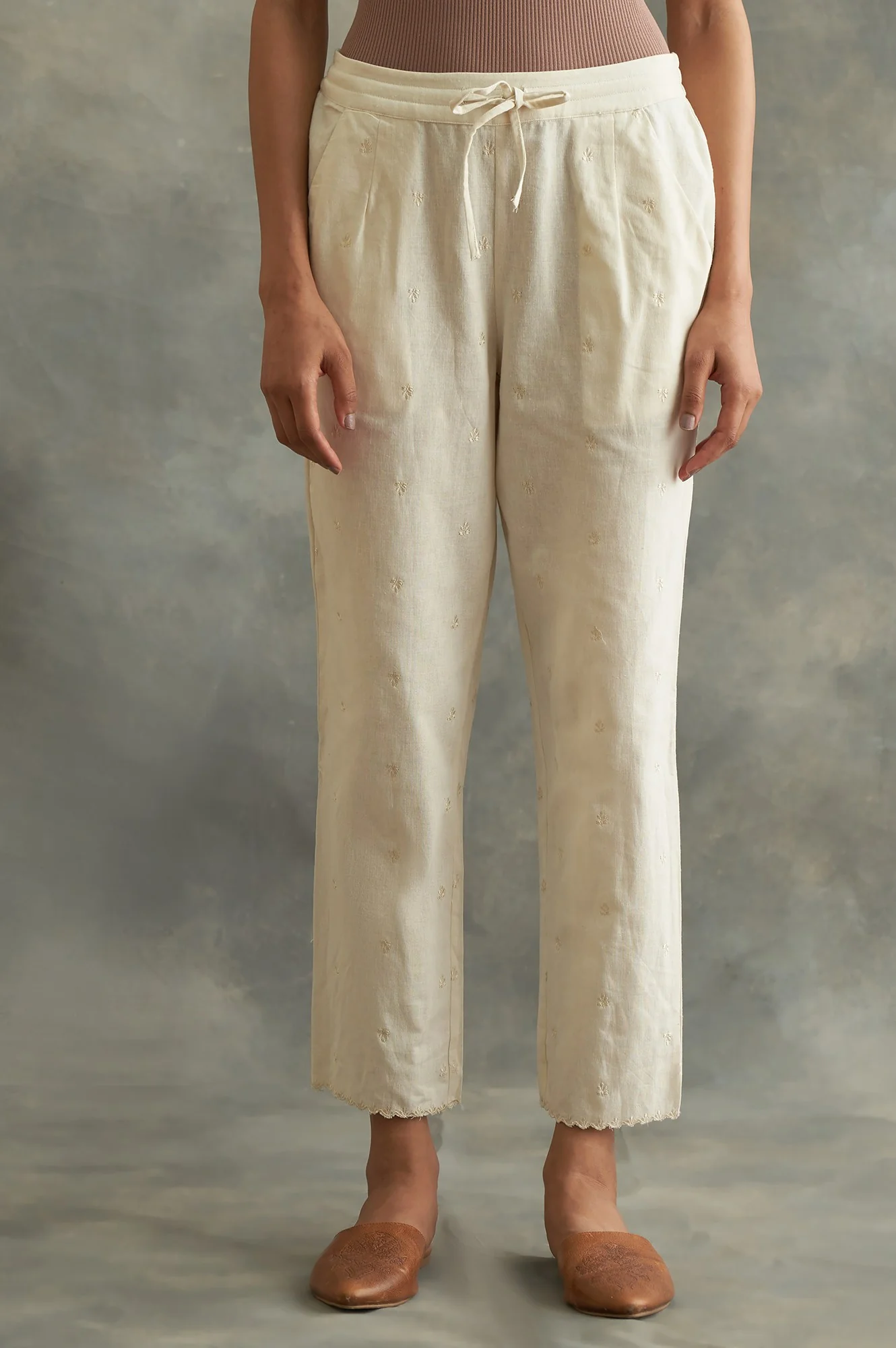 Beige Solid Embroidered Straight Cotton Pant