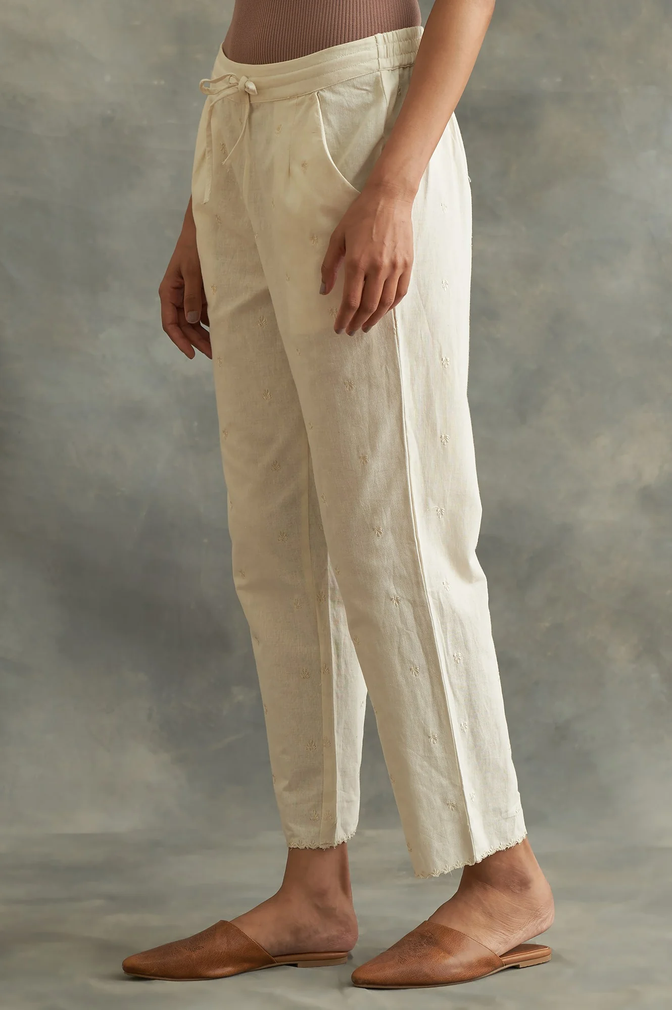 Beige Solid Embroidered Straight Cotton Pant - Image 3