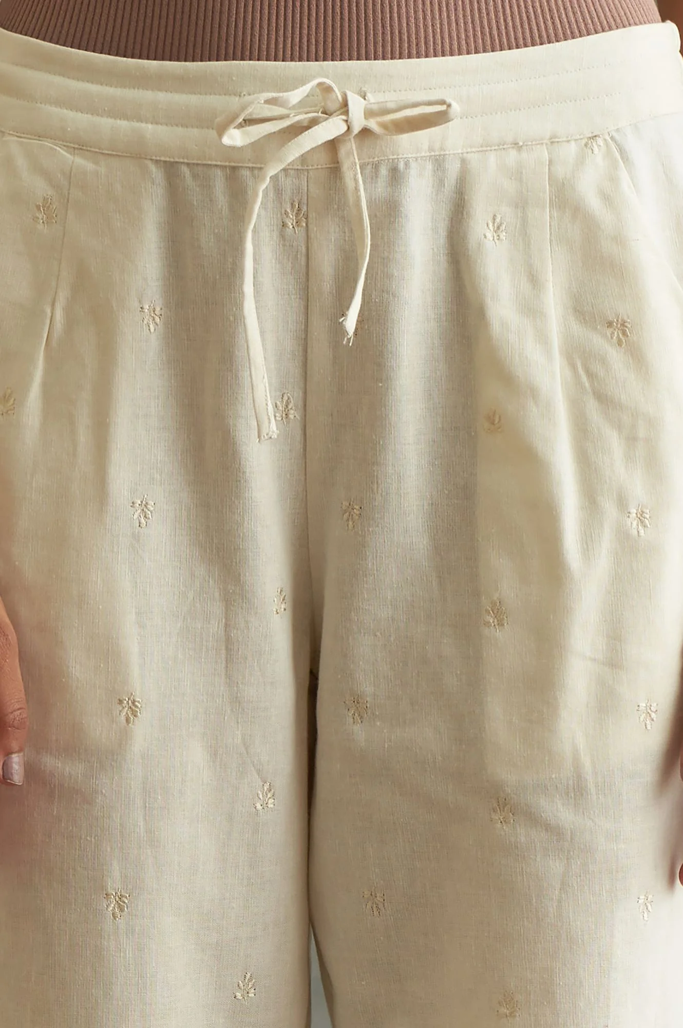 Beige Solid Embroidered Straight Cotton Pant - Image 6